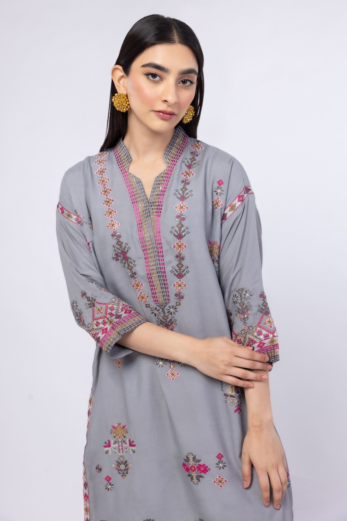 Embroidered Russian Raw Silk Kurta - 25-04S19-02TA-VG