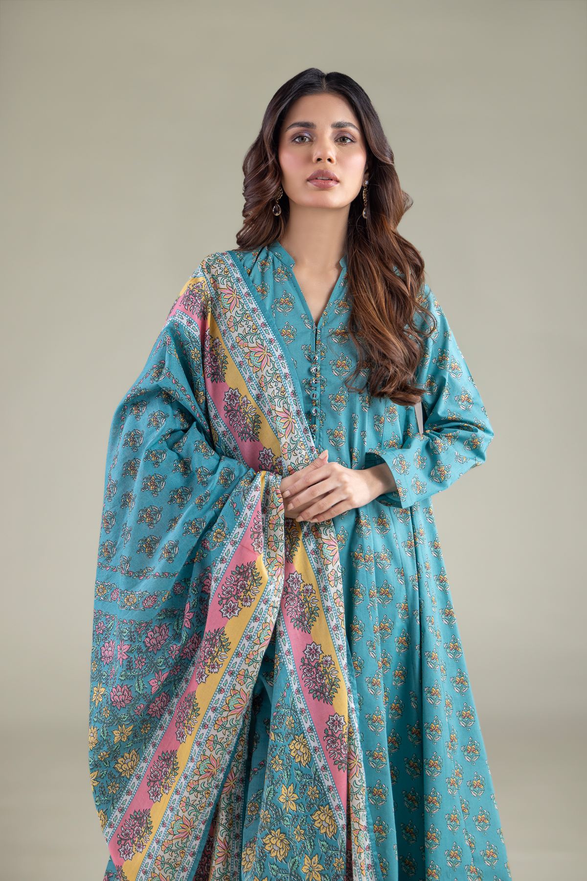 Printed Cambric Floral V-Neck Kurta - 1-26-140-A-H-VG