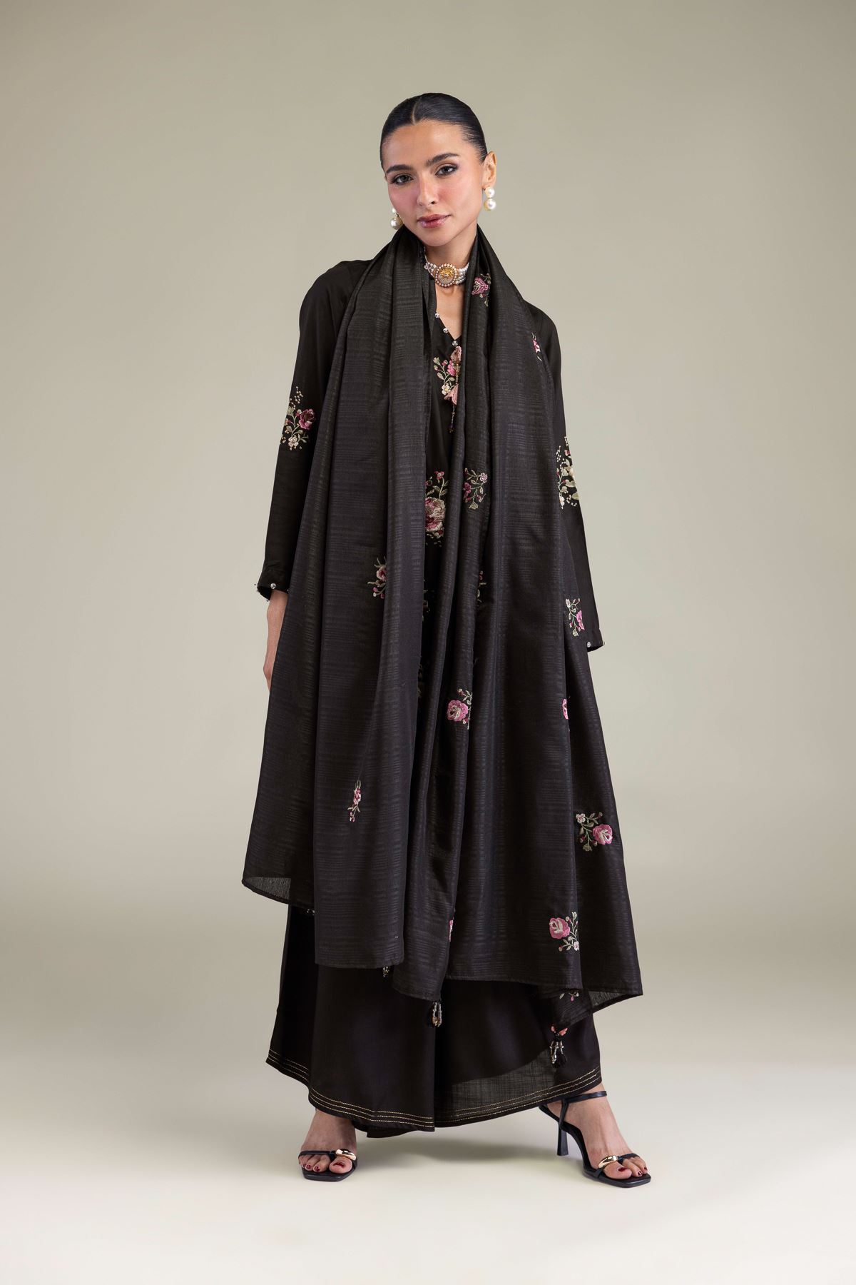 Embroidered Polyester Silk Black Floral Dupatta - 2-26-206-C-D1-VG