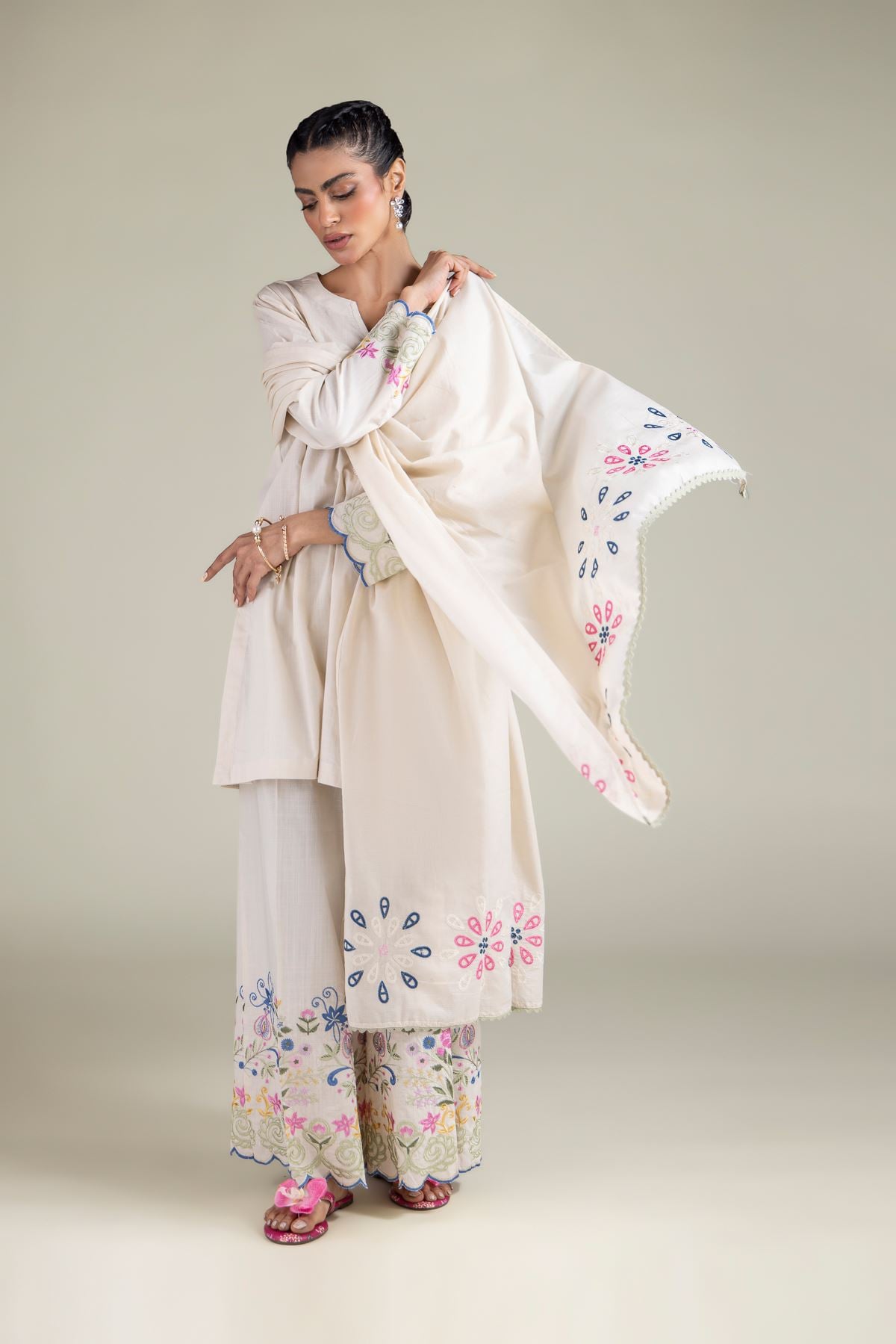 Embroidered Textured Cotton Geometric Threadwork Dupatta - 1-26-108-A-E-VG