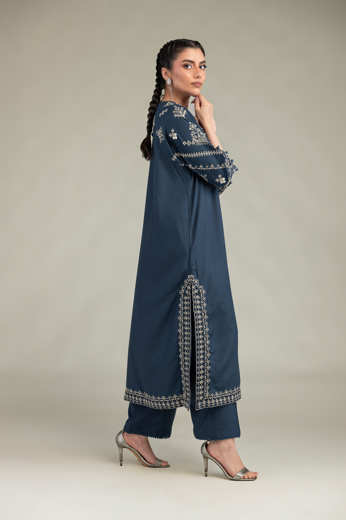Embroidered Raw Silk Solid Navy Pants - 1-26-322-B-A1-VG