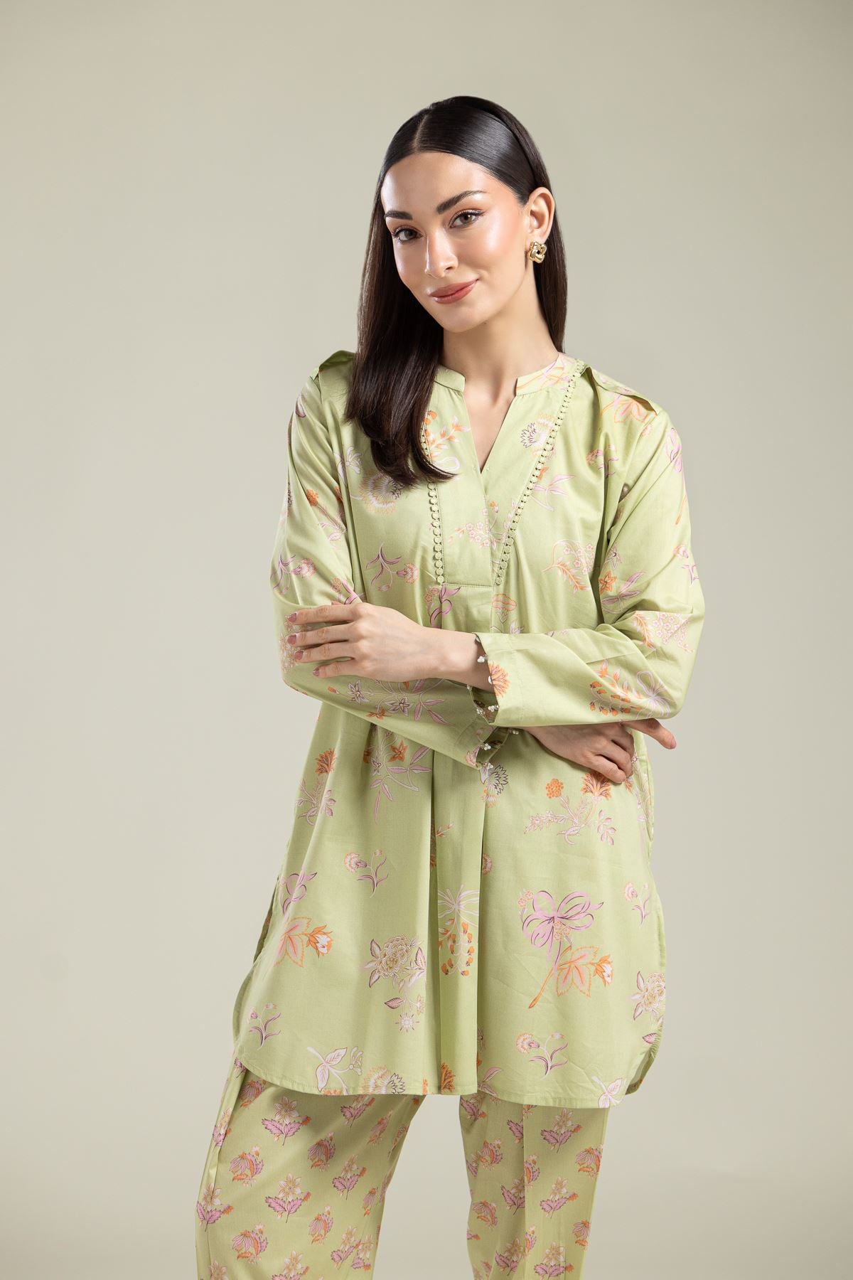 Printed Cotton Viscose Floral V-Neck Kurta - 1-26-135-A-D-VG
