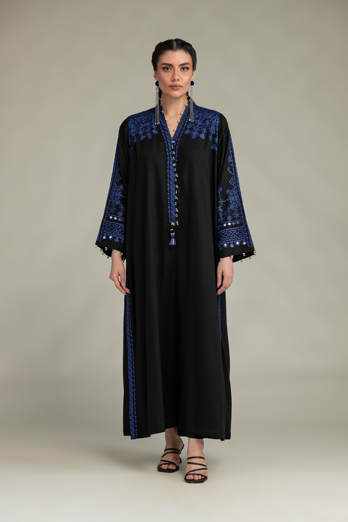 Embroidered Raw Silk V-Neck Longline Kurta - 1-26-322-B-A1-VG
