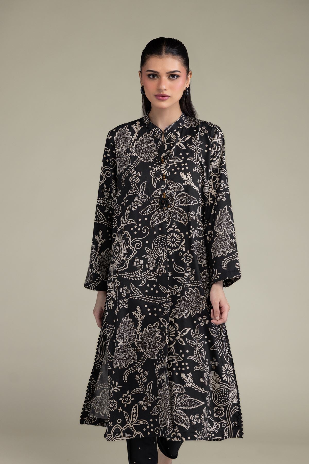 Printed Cotton Viscose Black Longline Kurta - 1-26-206-A-H1-VG