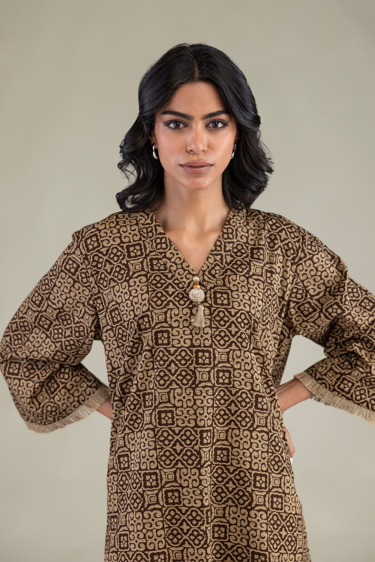 Printed Cambric Short V-Neck Kurta - 1-26-135-B-G-VG
