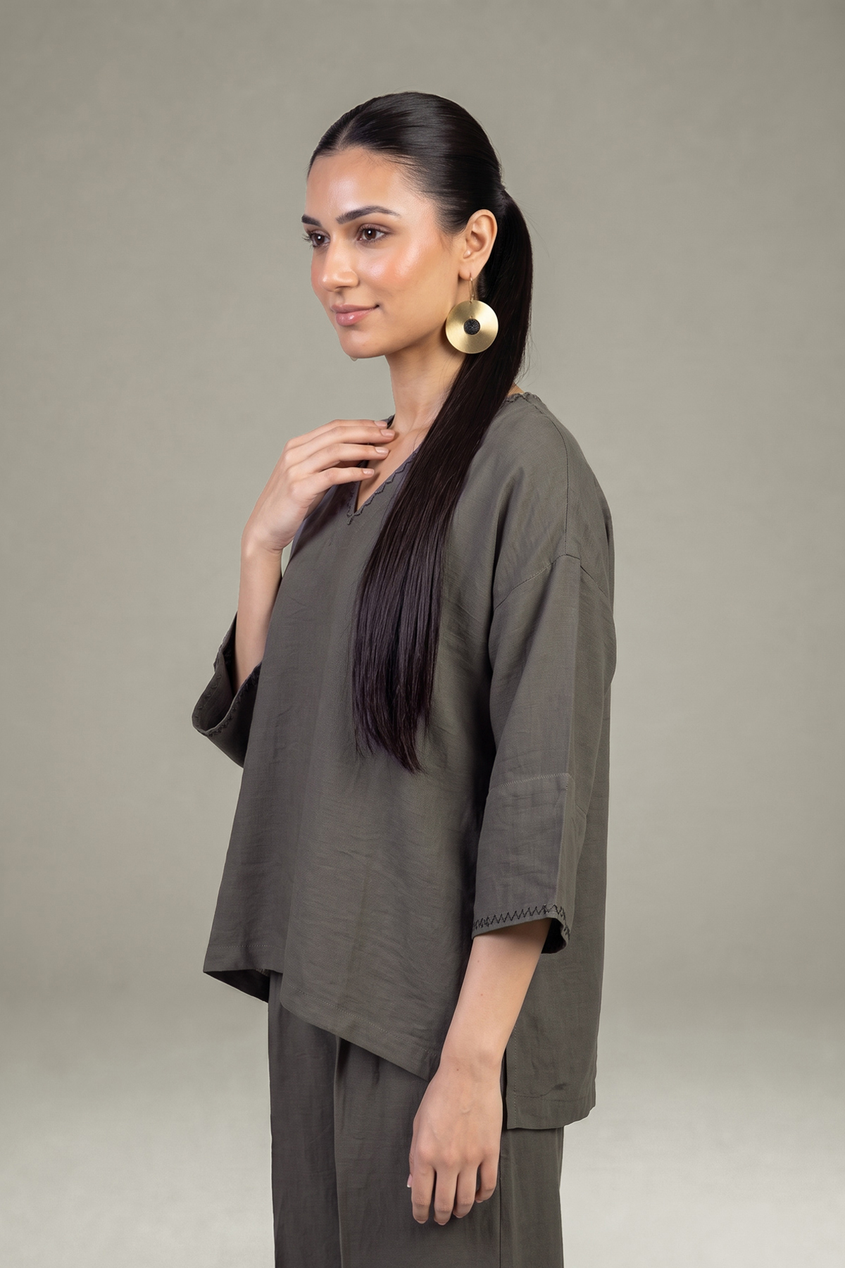 Dyed Crepe Solid V-Neck Tunic - 1-26-409-A-A-VG