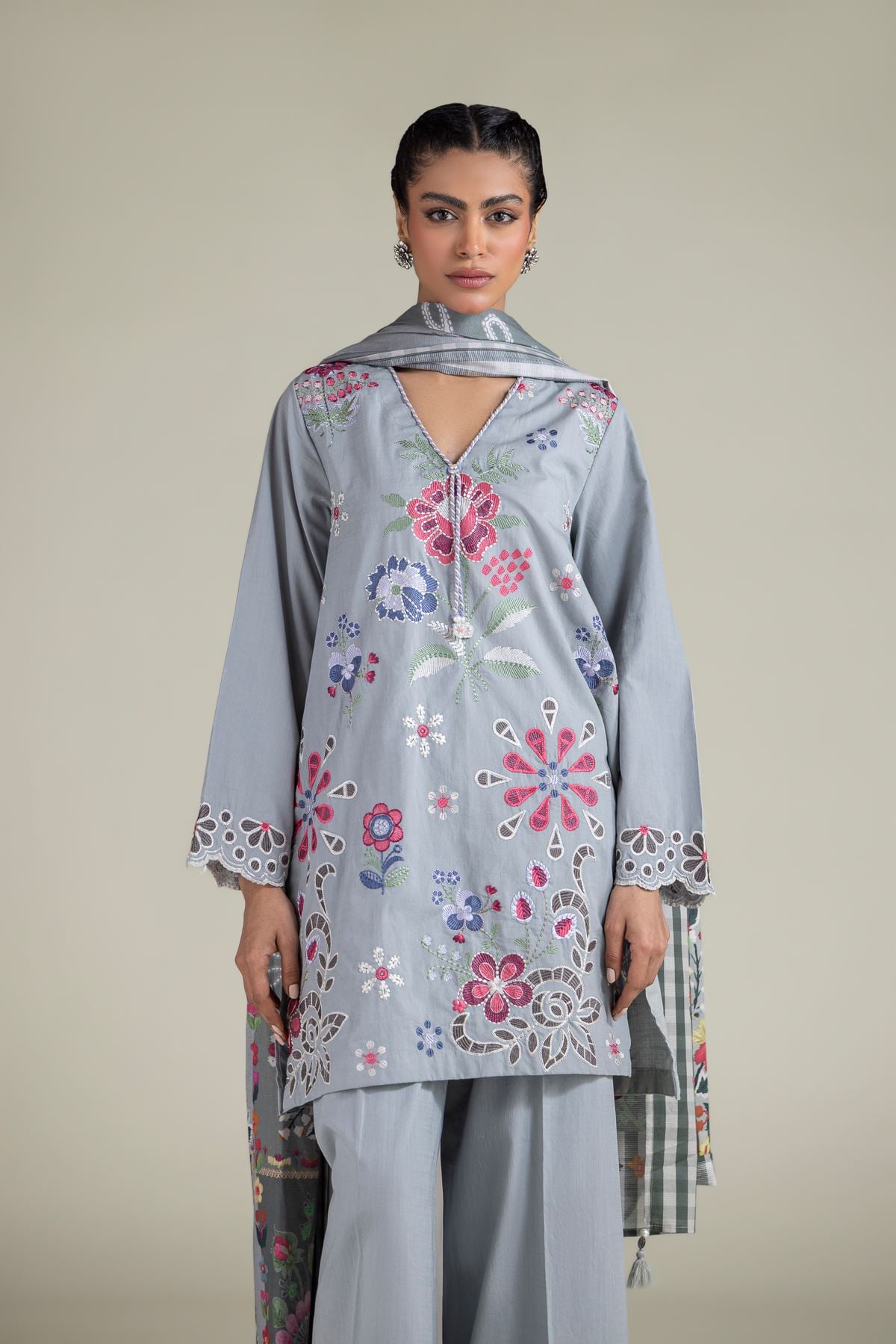 Embroidered Textured Cotton Floral Dupatta - 1-26-115-C-E-VG