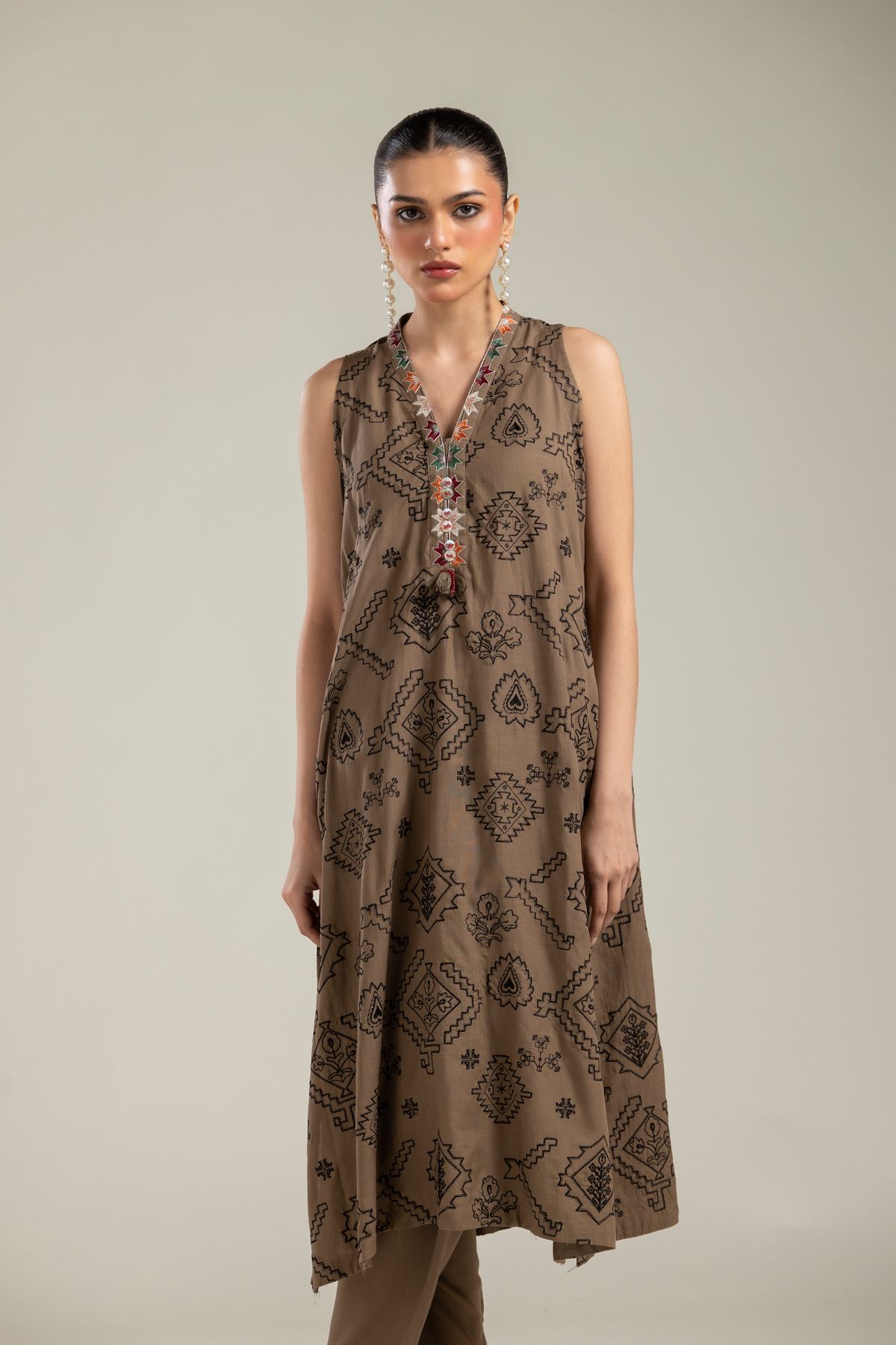 Embroidered Raw Silk Brown Sleeveless Kurta - 2-26-202-A-G-VG
