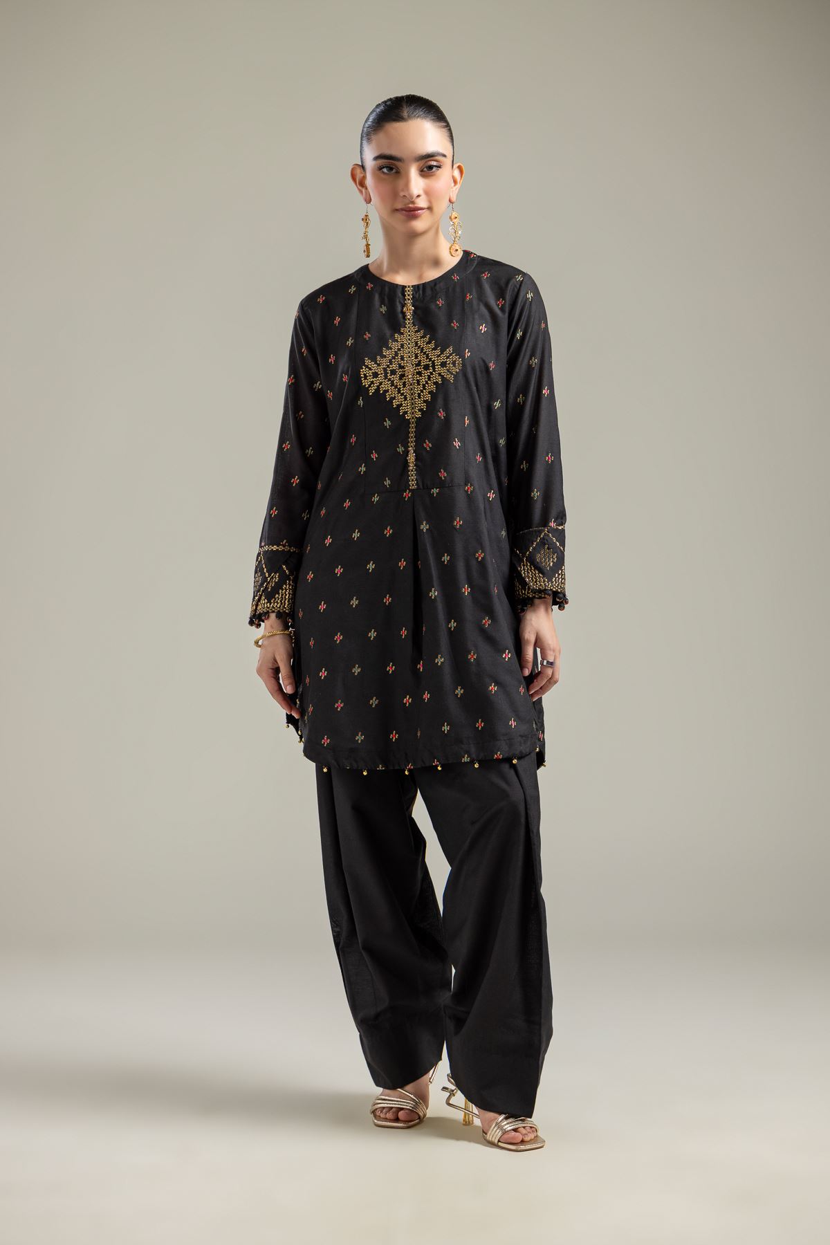Raw Silk Short Black Kurta - 2-26-107-A-F-VG