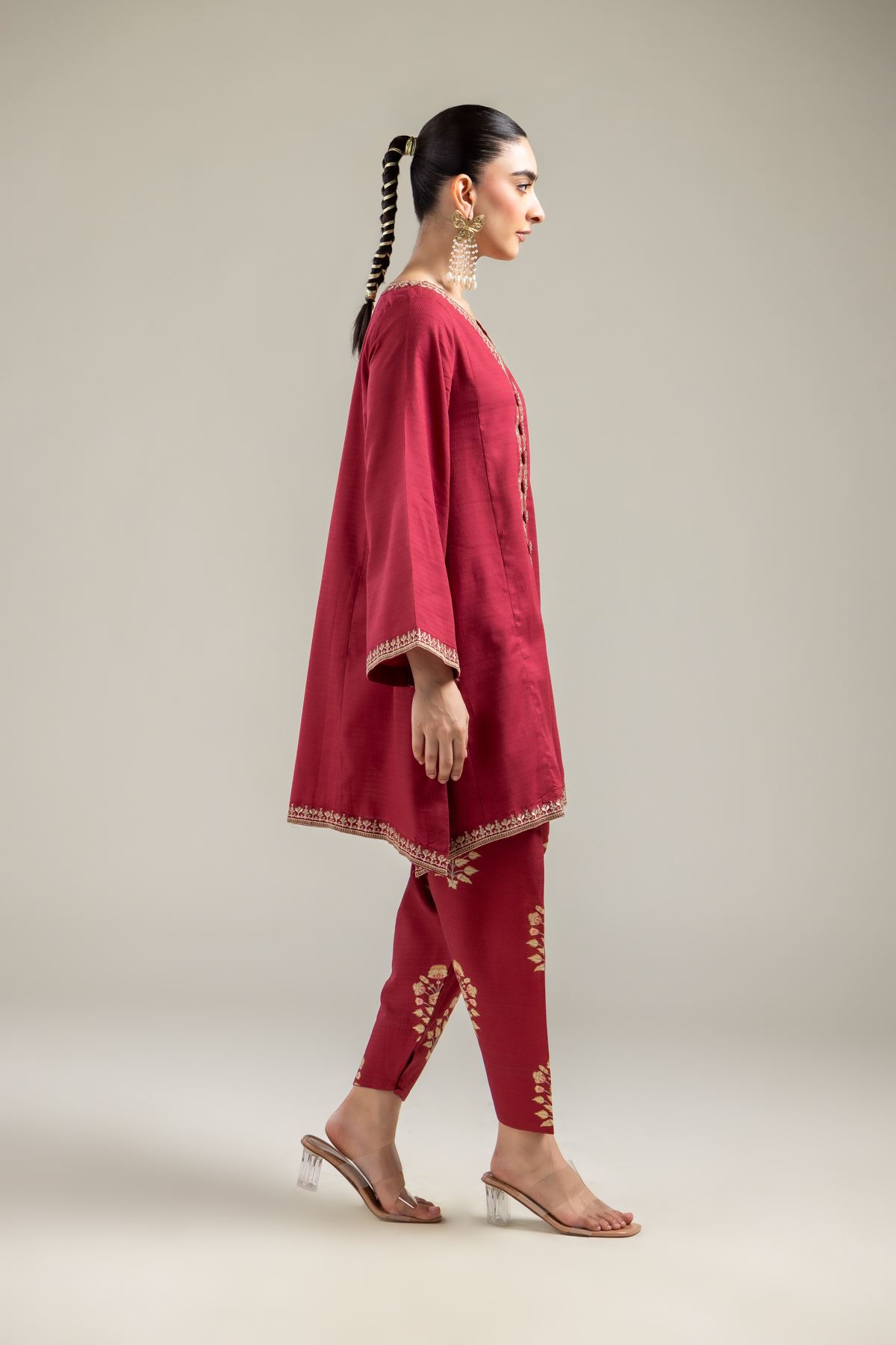 Embroidered Cotton Dobby Maroon Floral Shalwar - 1-26-121-A-G-VG