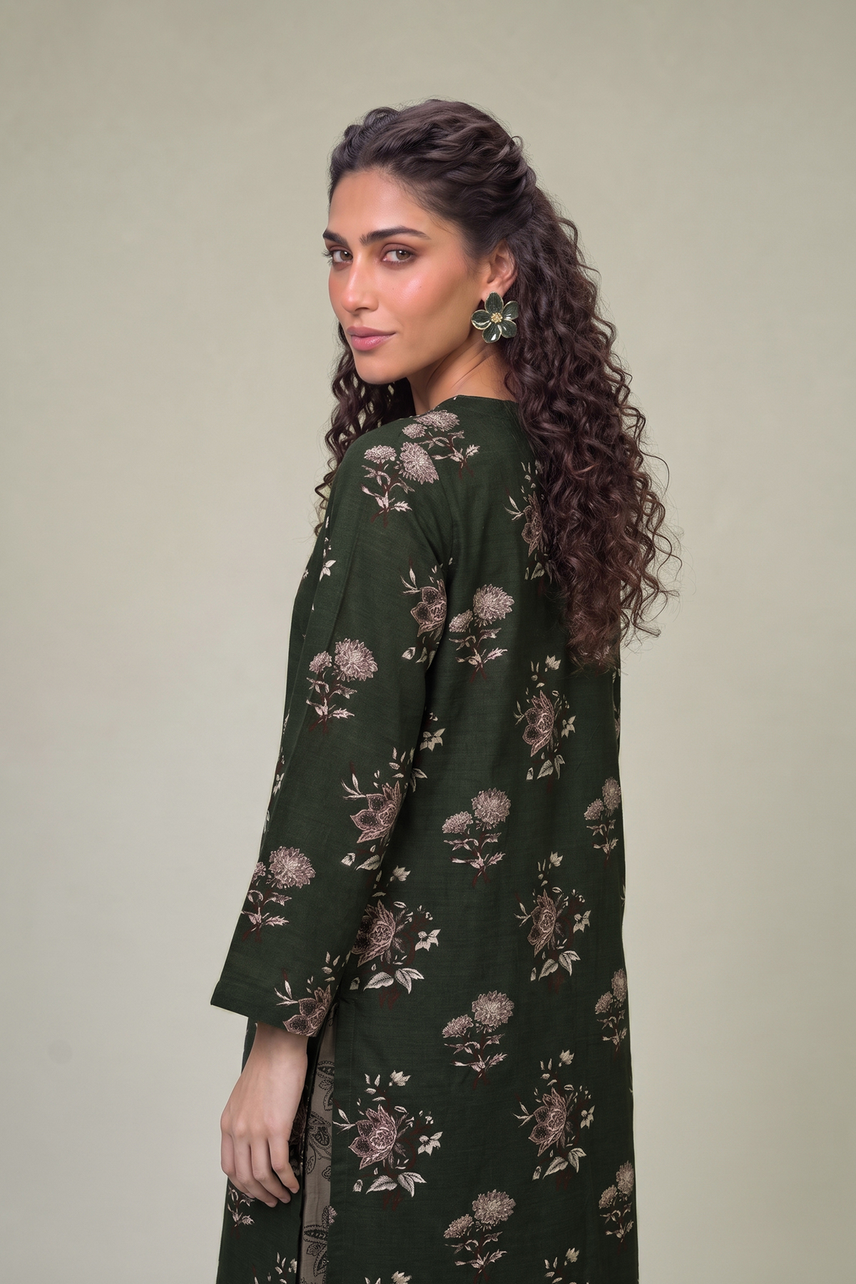 Printed Light Khaddar Longline Floral Kurta - 1-26-415-A-F2-VG