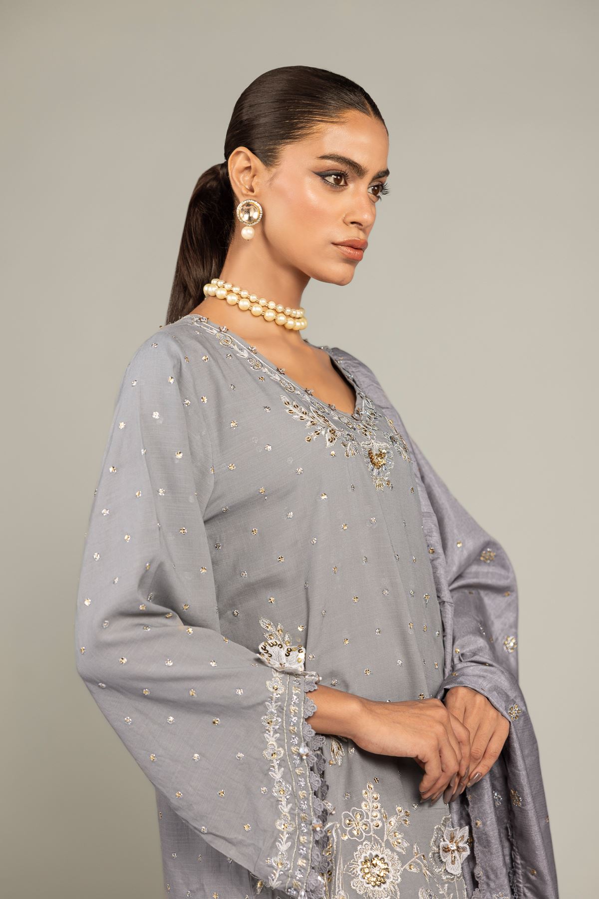 Embroidered Raw Silk 3-Piece Co-ord Set - 8-26-303-A-B1-VG