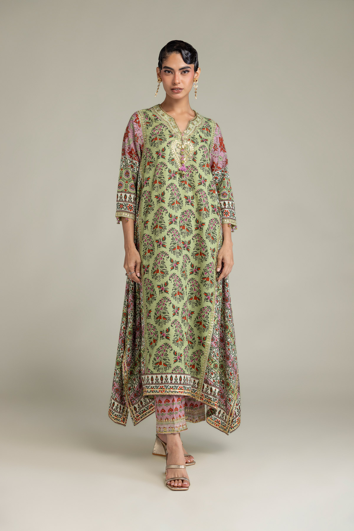 Embroidered Raw Silk Long Green Kurta - A22-26-214FH1-VG