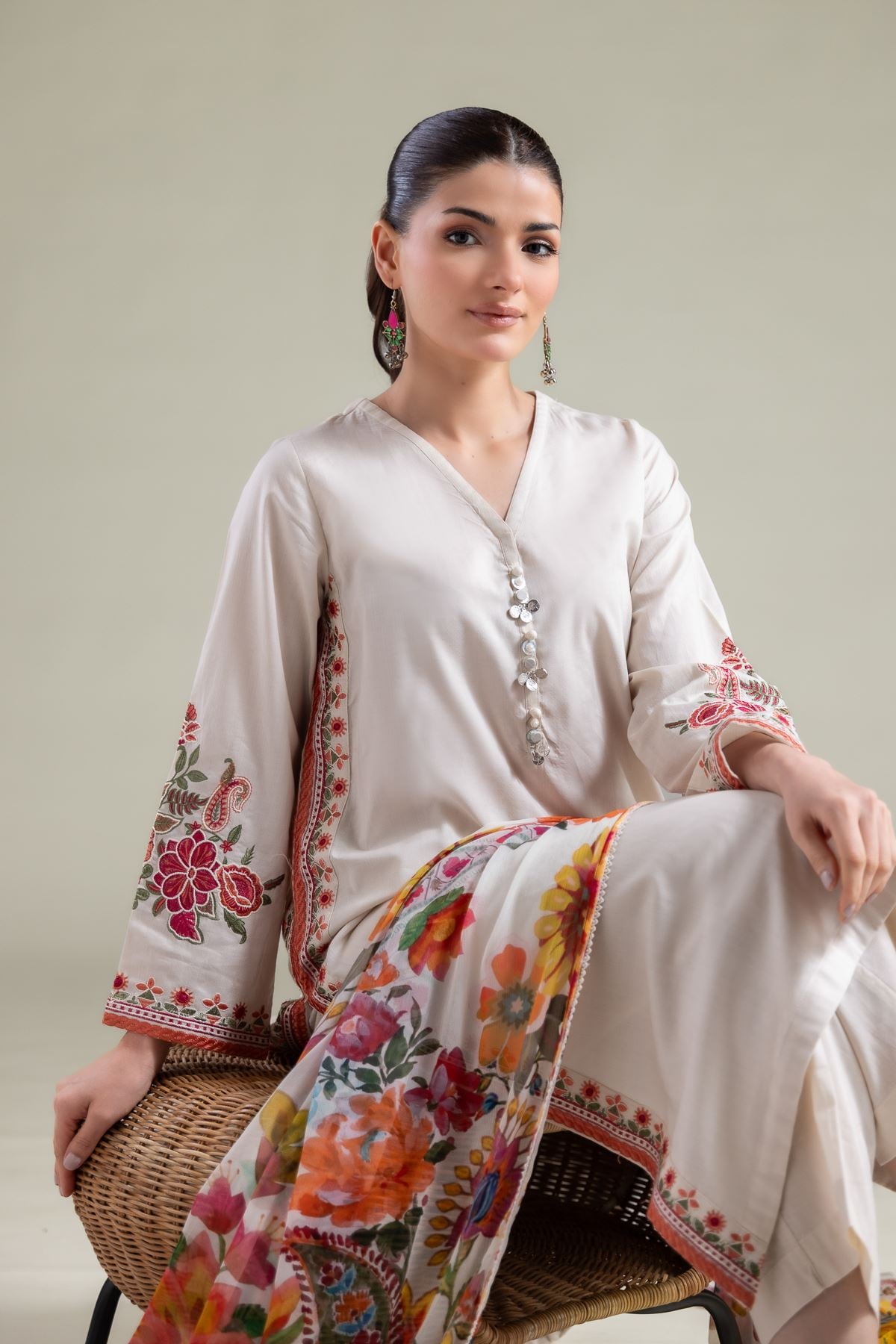 Embroidered Cotton Dobby Floral Longline Kurta - 1-26-108-A-F-VG