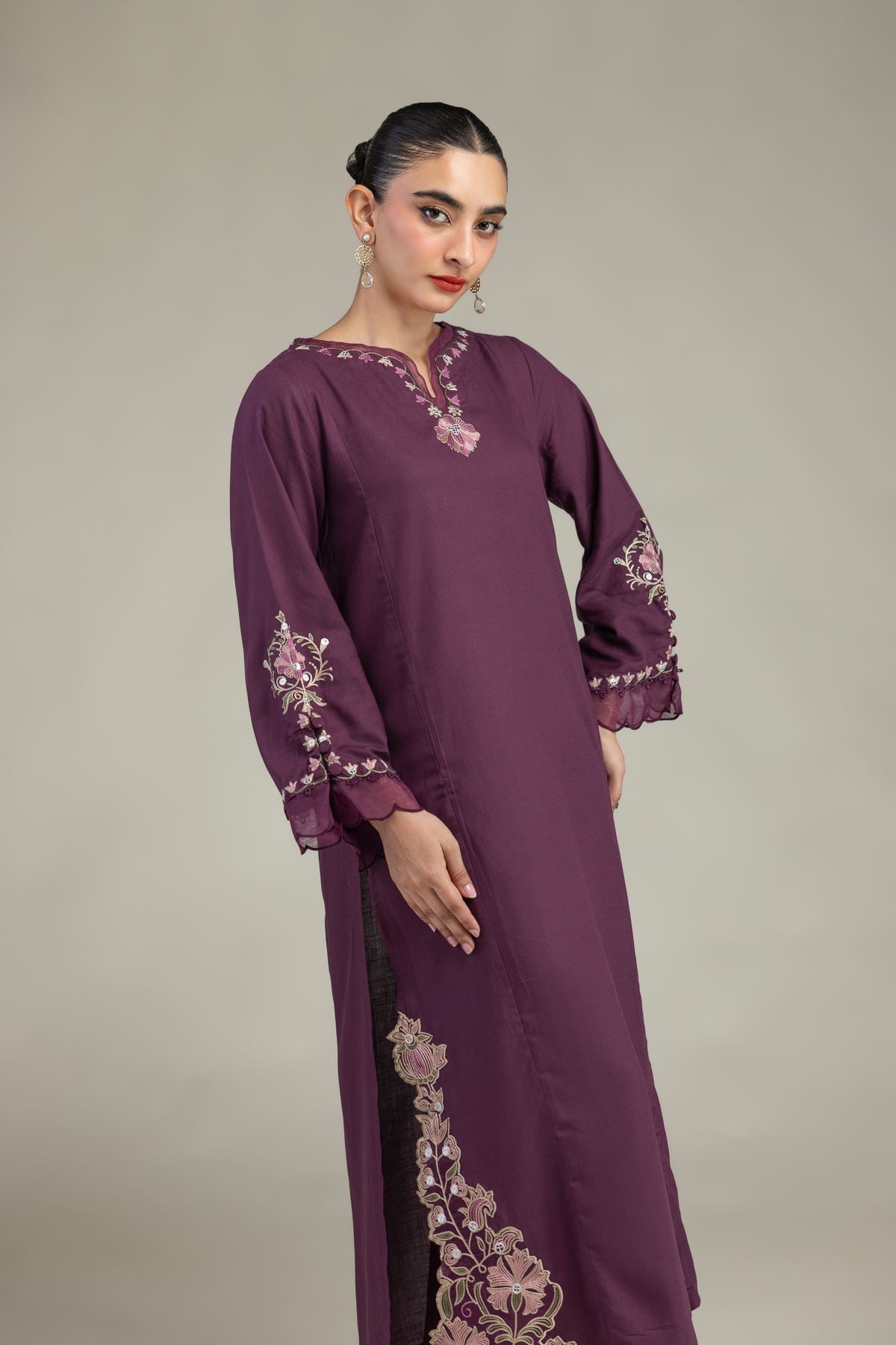 Embroidered Raw Silk Floral Threadwork Kurta - 12-26-106-F-D-VG