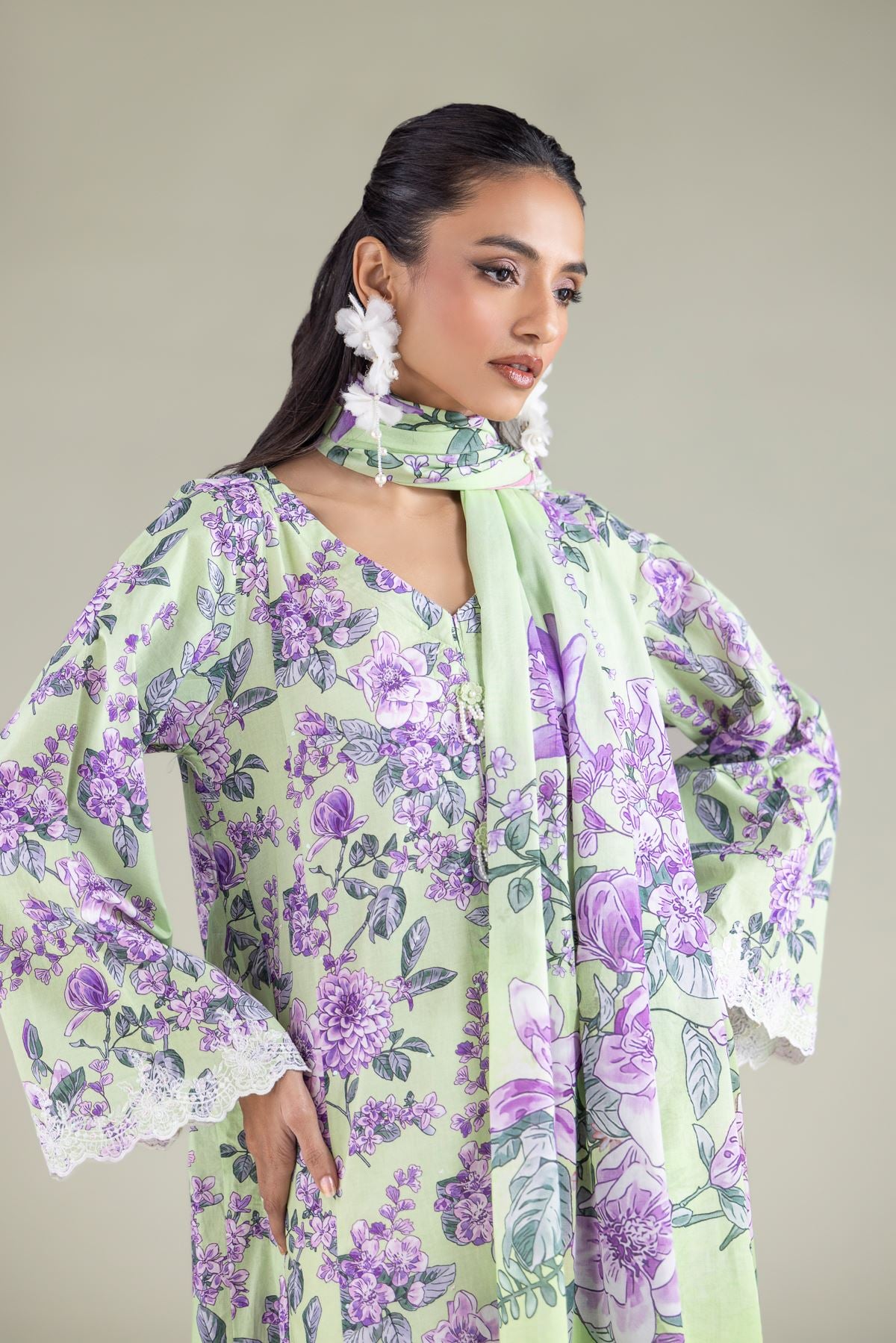 Embroidered Lawn Floral Tassel Dupatta - 1-26-127-A-C-VG