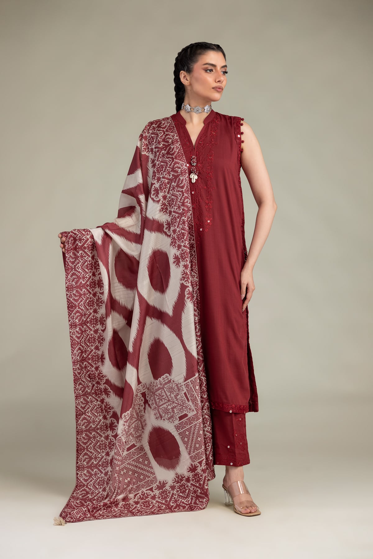 Embroidered Raw Silk Silk Solid Pants - 1-26-244-A-D1-VG