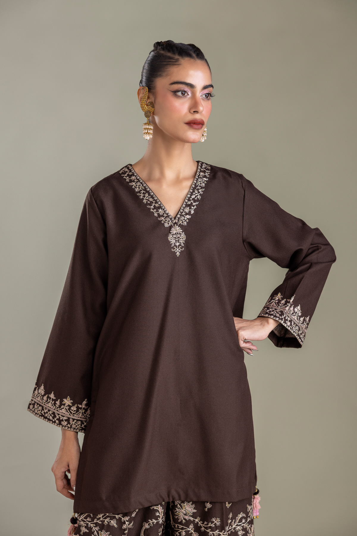 Embroidered Heavy Blended Viscose Brown V-neck Kurta - 1-26-431-A-D1-VG