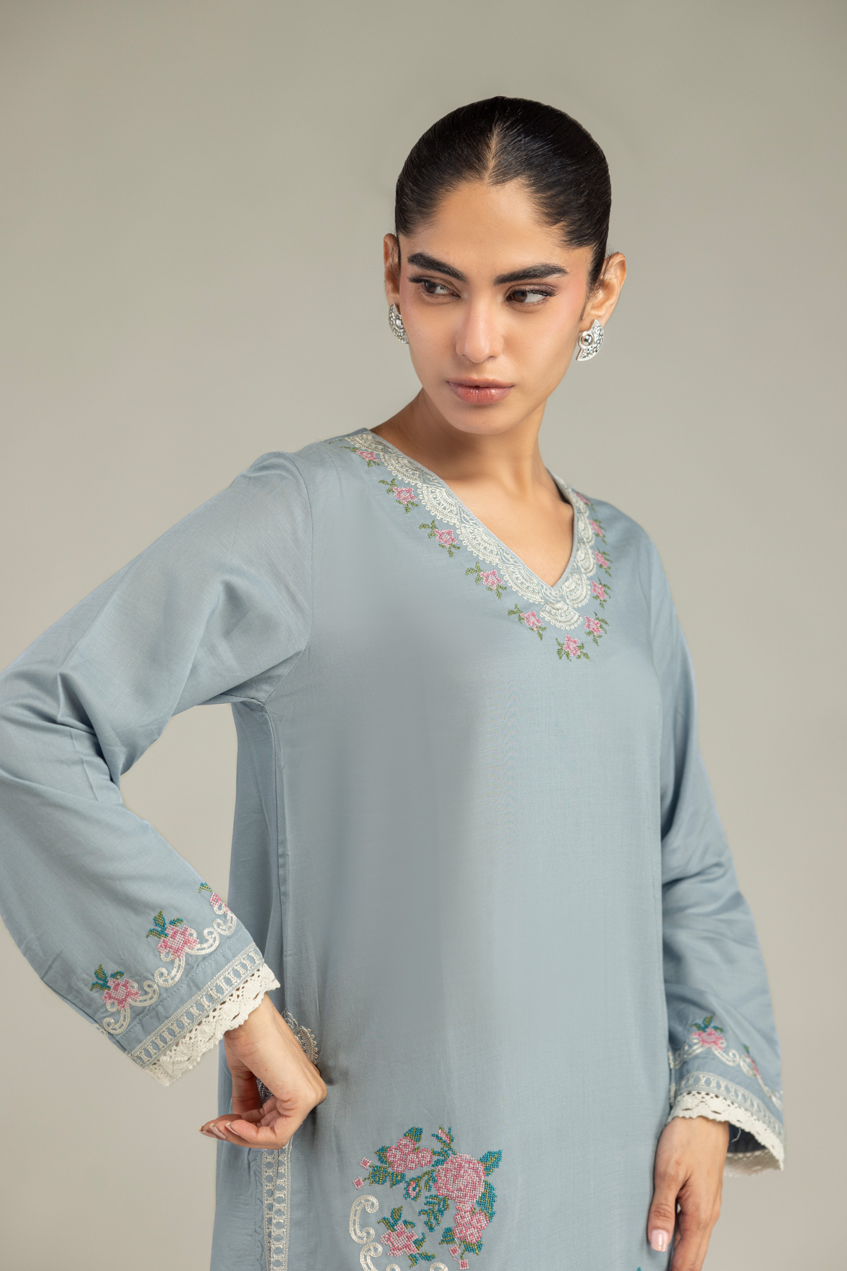 Embroidered Raw Silk Blue Floral Kurta - 1-26-102-A-F-VG