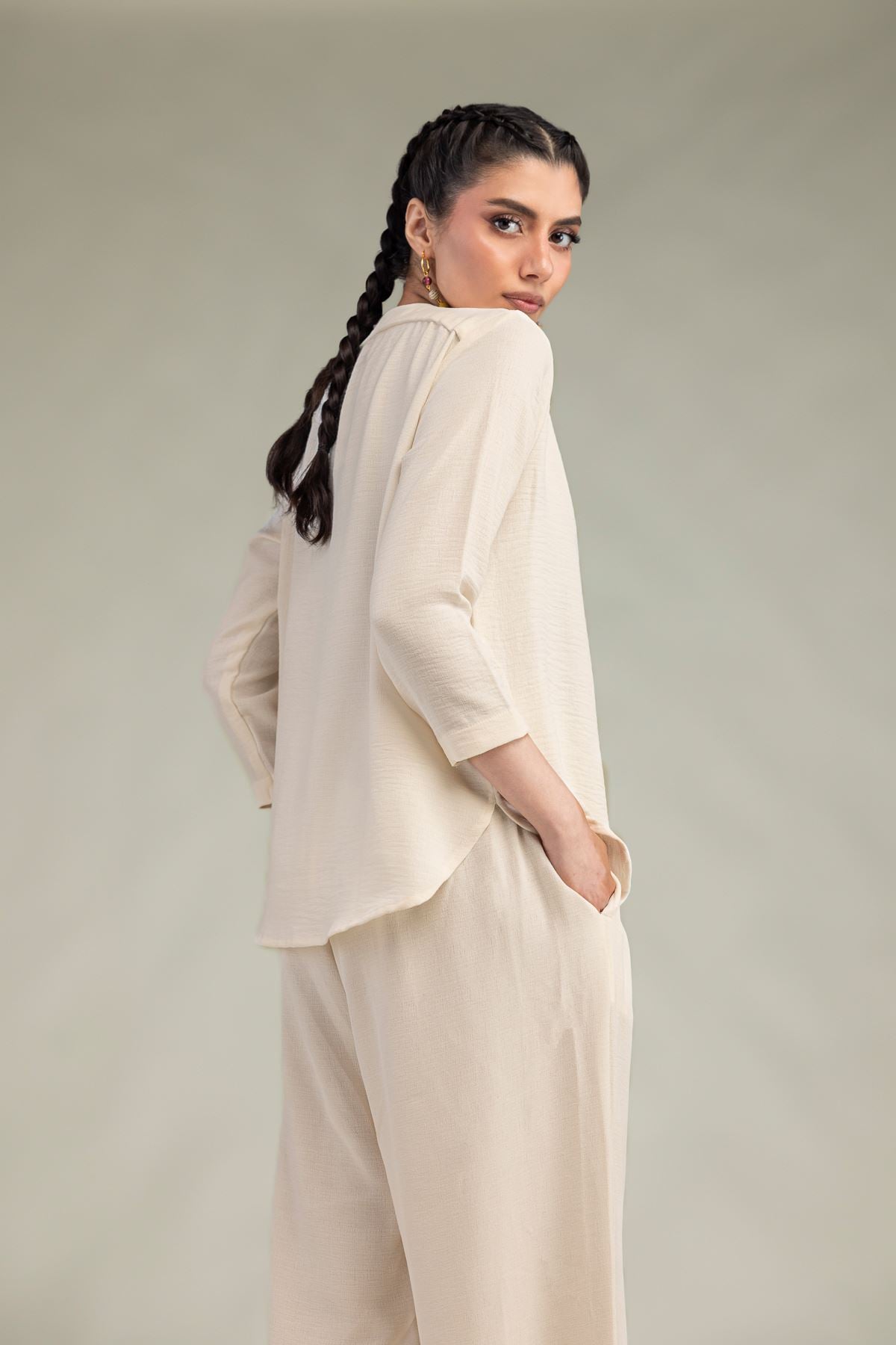 Dyed Crepe Georgette Solid V-Neck Shirt - 6-26-207-B-E1-VG