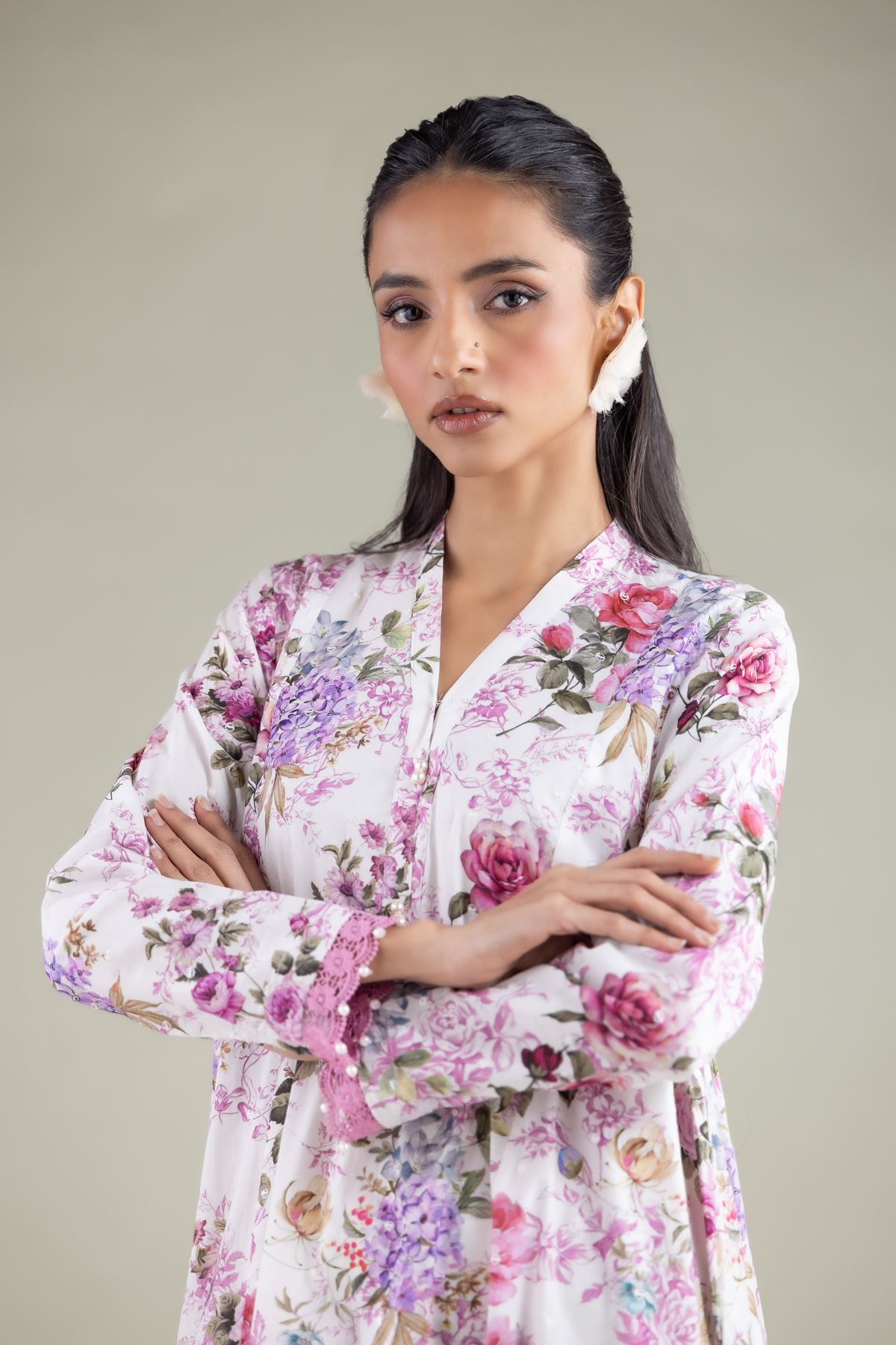 Embroidered Cambric Floral Longline Kurta - T-A22-26-105FD2-VG