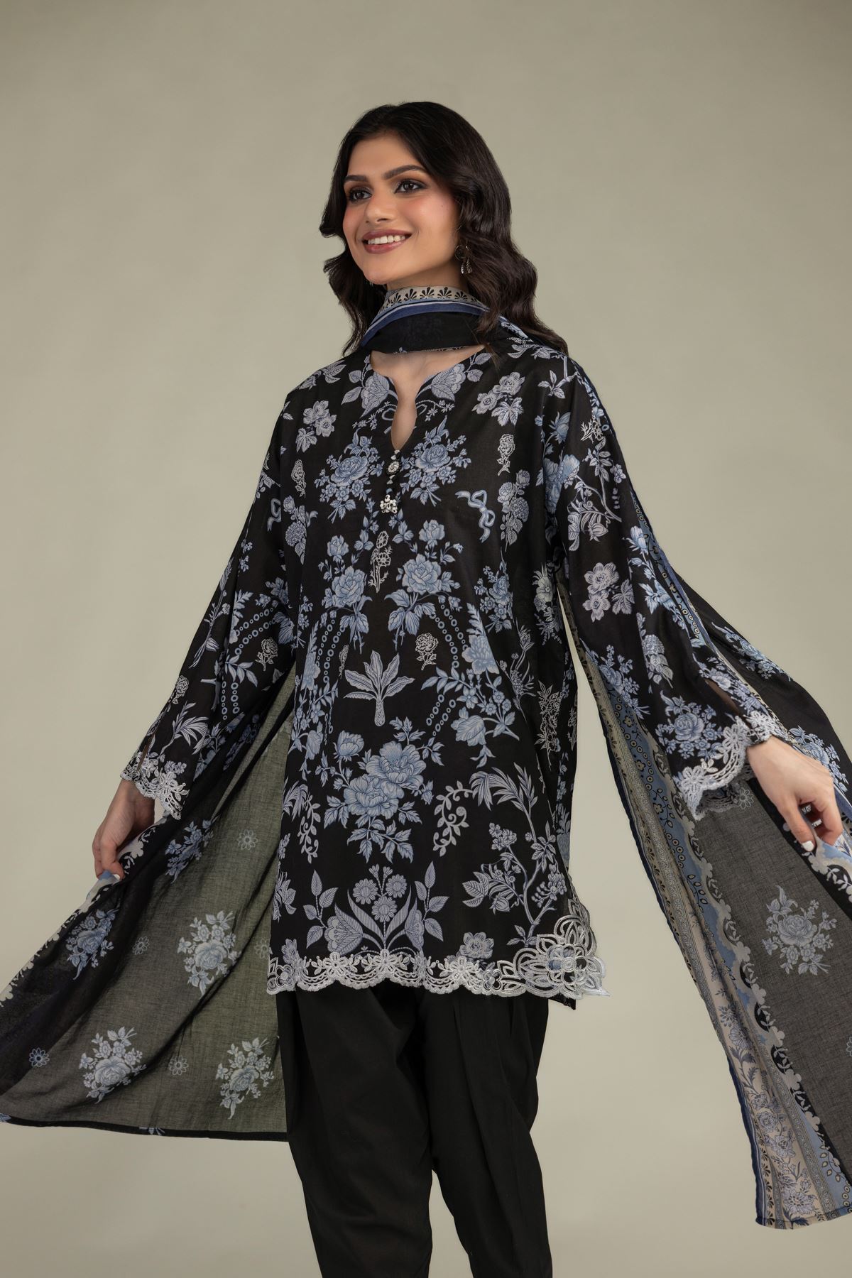 Embroidered Lawn Black Lawn Dupatta - 1-26-250-B-H1-VG