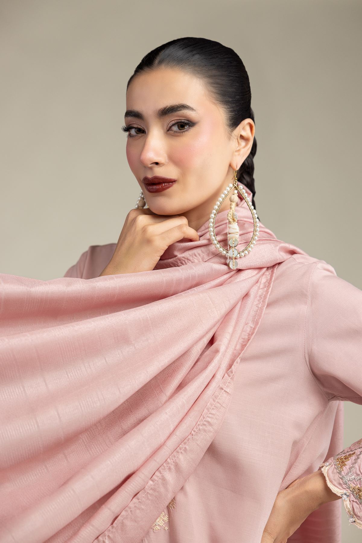 Embroidered Polyester Silk Light Pink Dupatta - 2-26-207-A-B1-VG