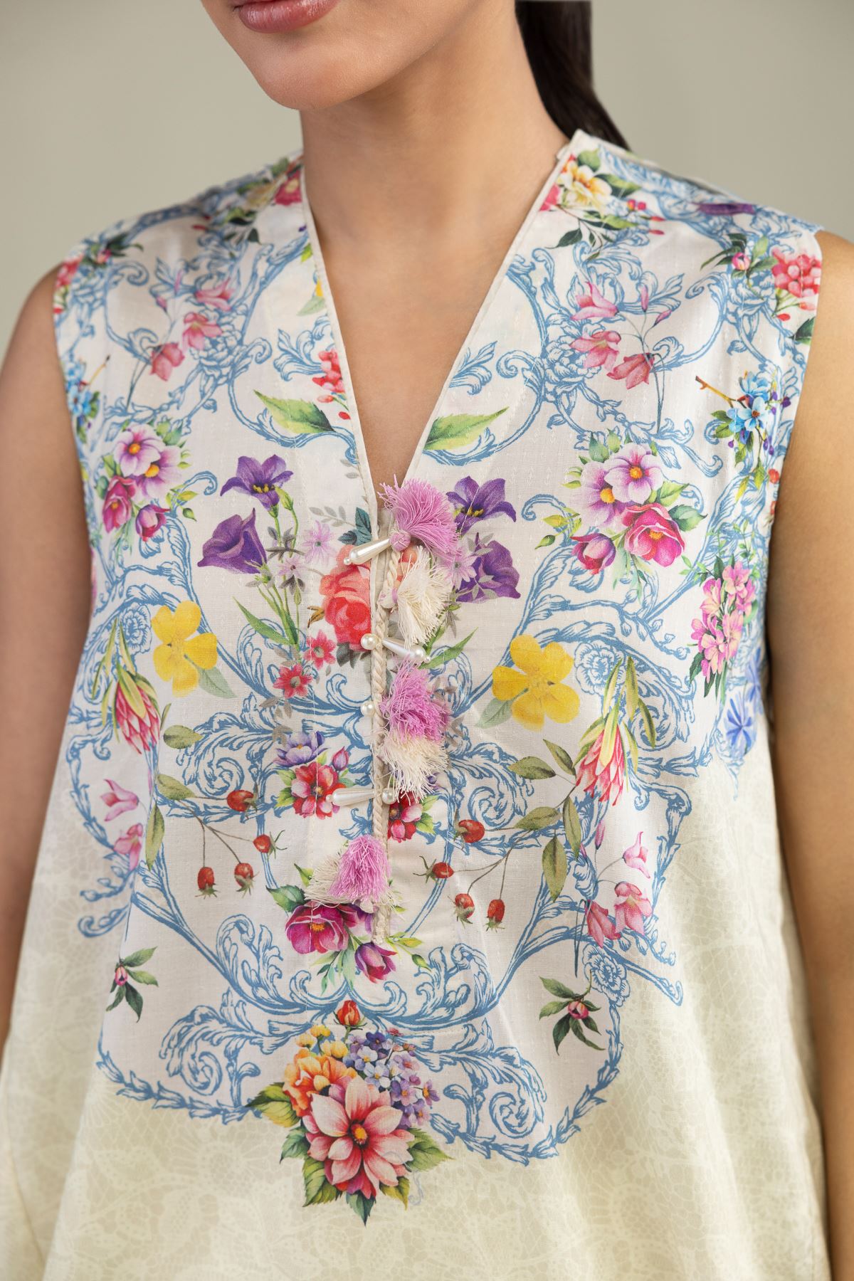 Printed Cotton Dobby Sleeveless Floral Kurta - 1-26-229-B-F1-VG