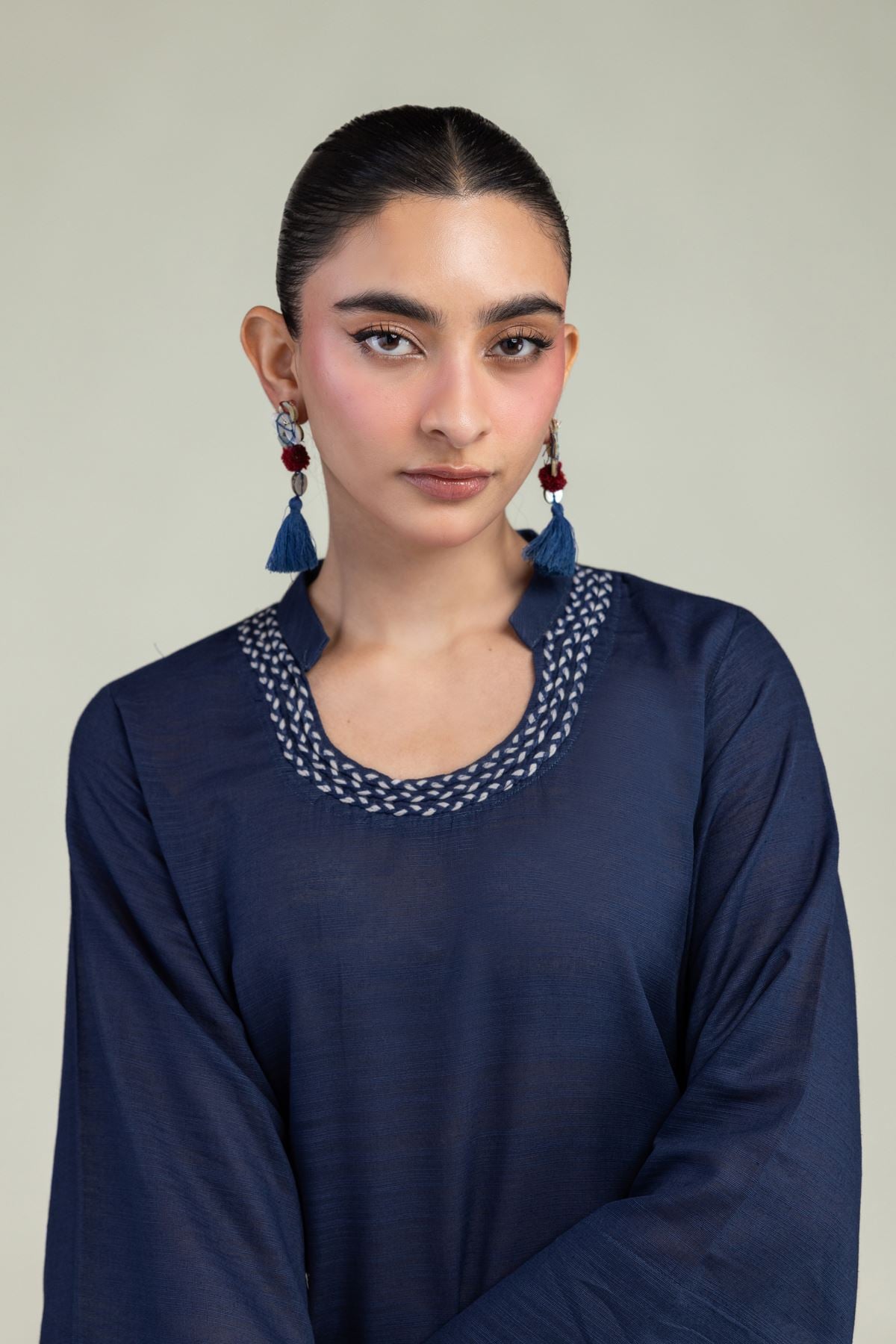 Dyed Textured Cotton Navy Round-Neck Kurta - 12-26-106-F-D-VG