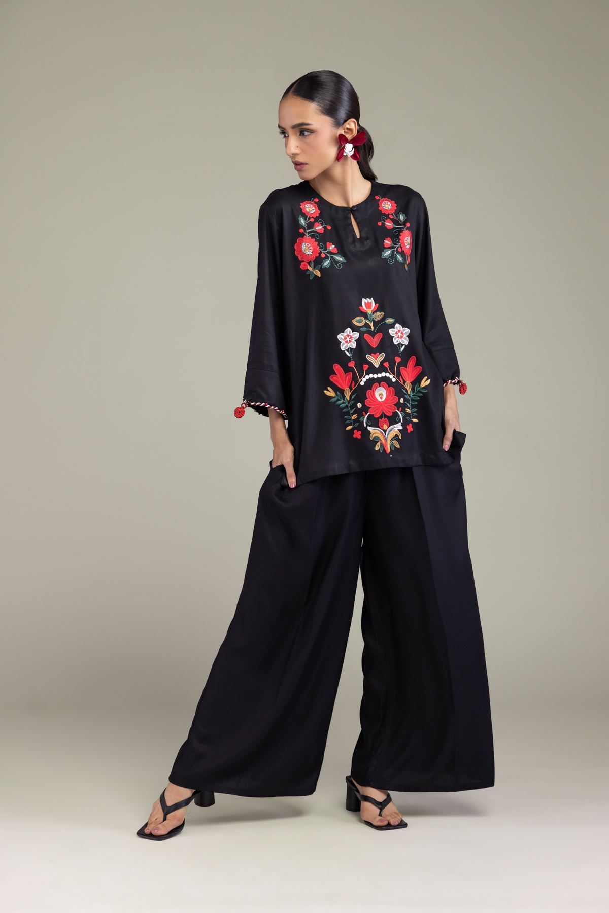 Embroidered Viscose Crepe Black Viscose Trousers - 6-26-202-A-E1-VG