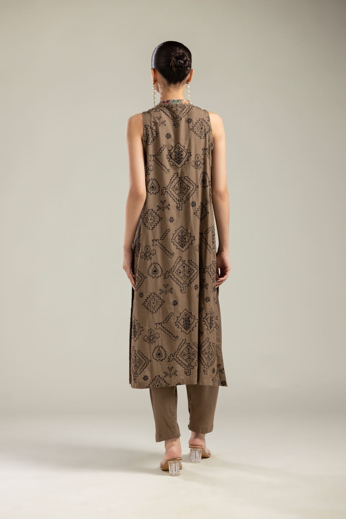 Embroidered Raw Silk Brown Sleeveless Kurta - 2-26-202-A-G-VG