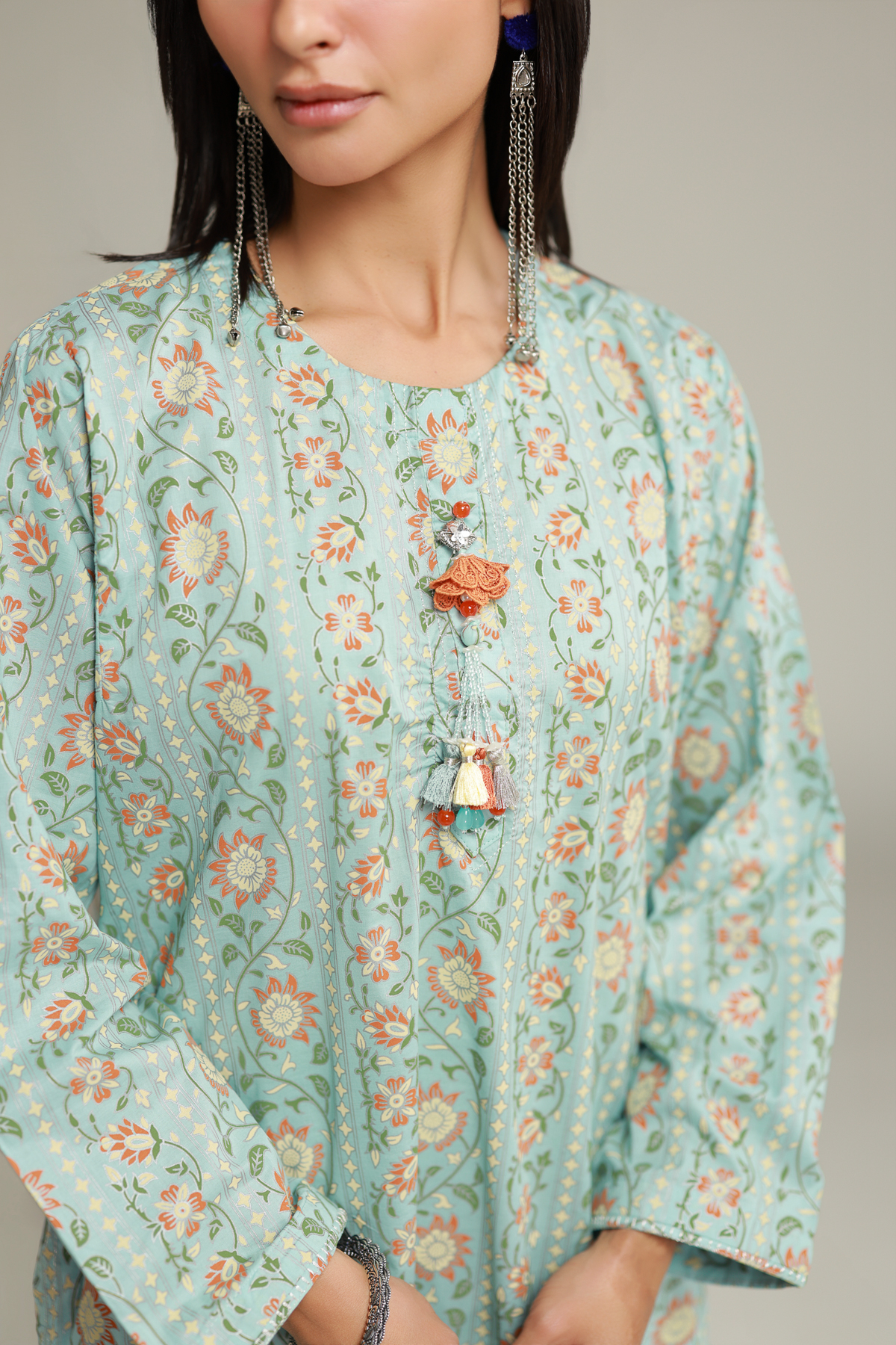 Printed Cambric Floral Tassel Kurta - 12-26-115-E-H-VG