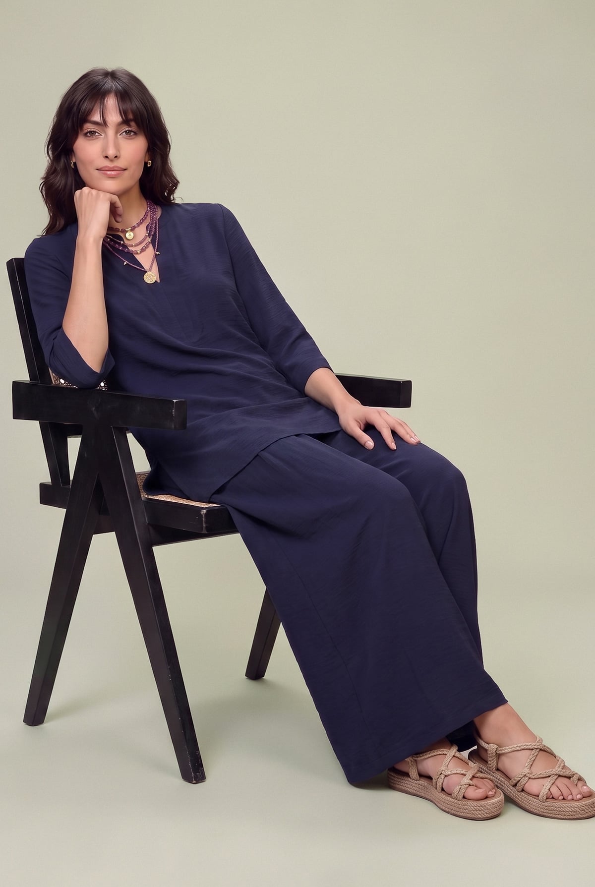 Dyed Textured Georgette V-Neck Navy Tunic - 1-26-229-B-F1-VG