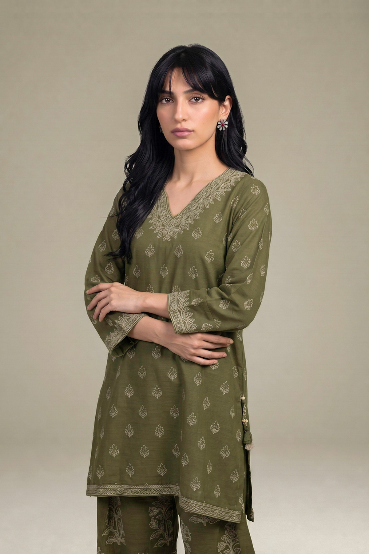 Printed Light Khaddar Printed Olive Kurta - 2-26-308-A-G1-VG