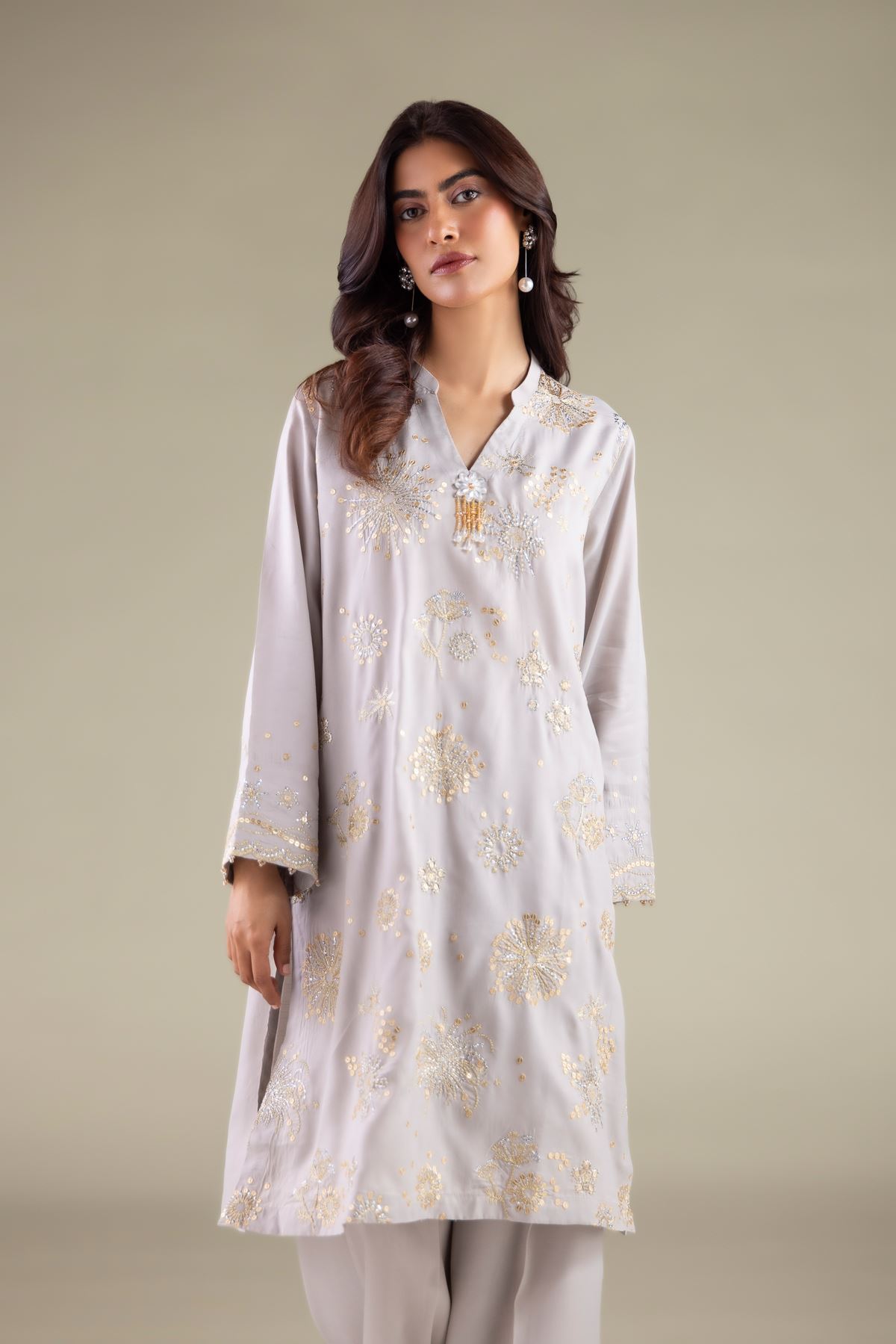 Embroidered Raw Silk Band Collar Kurta - 1-26-115-A-C-VG