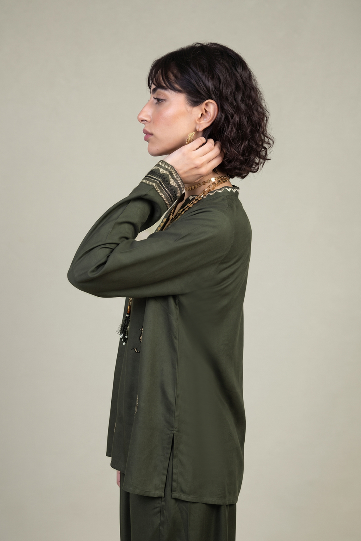 Embroidered Viscose Crepe V-Neck Olive Tunic - 1-26-309-B-D1-VG