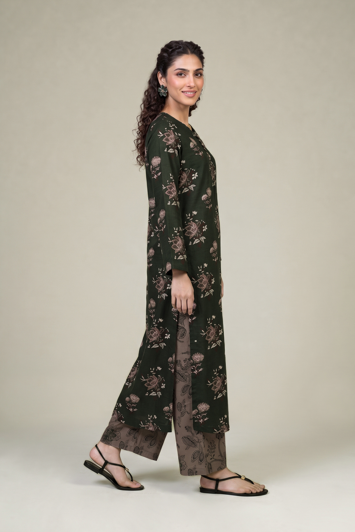 Printed Light Khaddar Longline Floral Kurta - 1-26-415-A-F2-VG