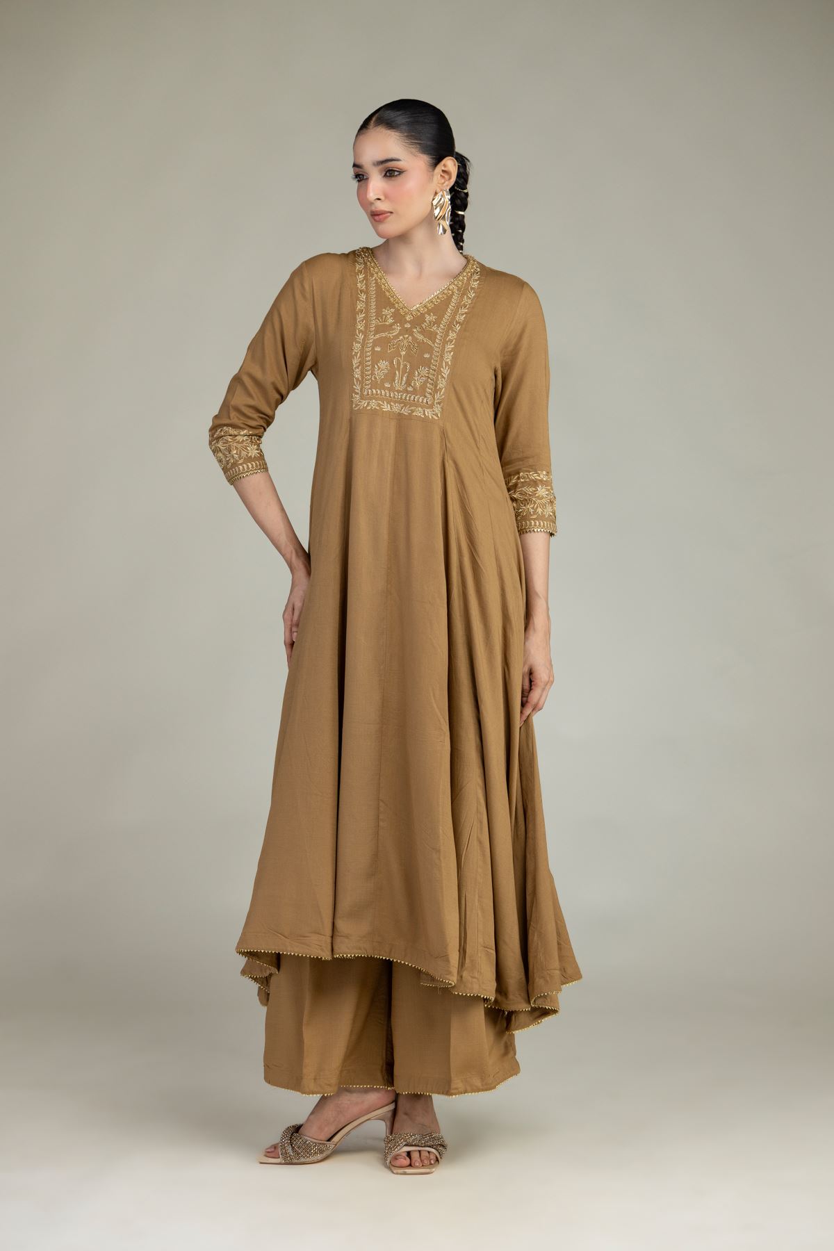 Embroidered Raw Silk V-Neck Silk Kurta - 2-26-203-A-F1-VG