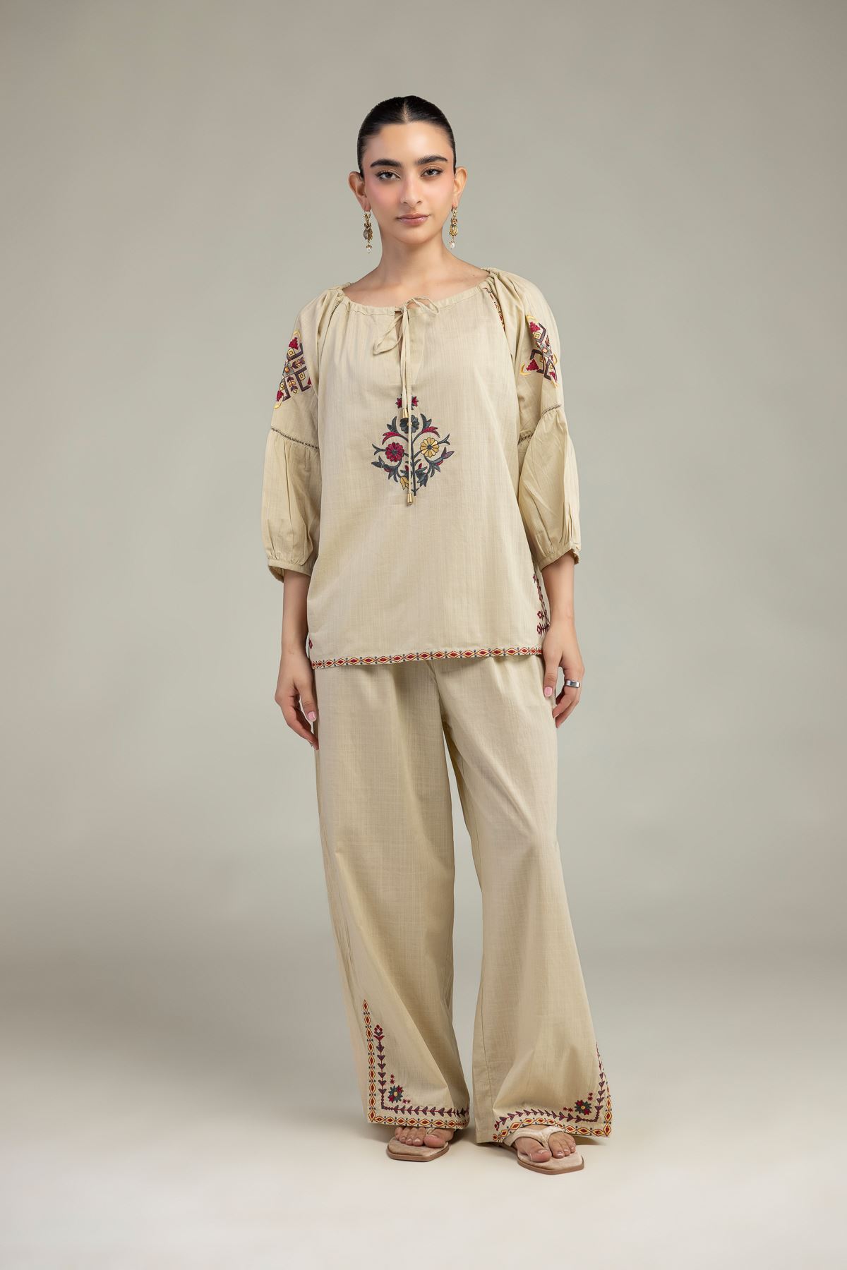 Embroidered Textured Cotton Floral Beige Trousers - 6-26-204-B-I1-VG