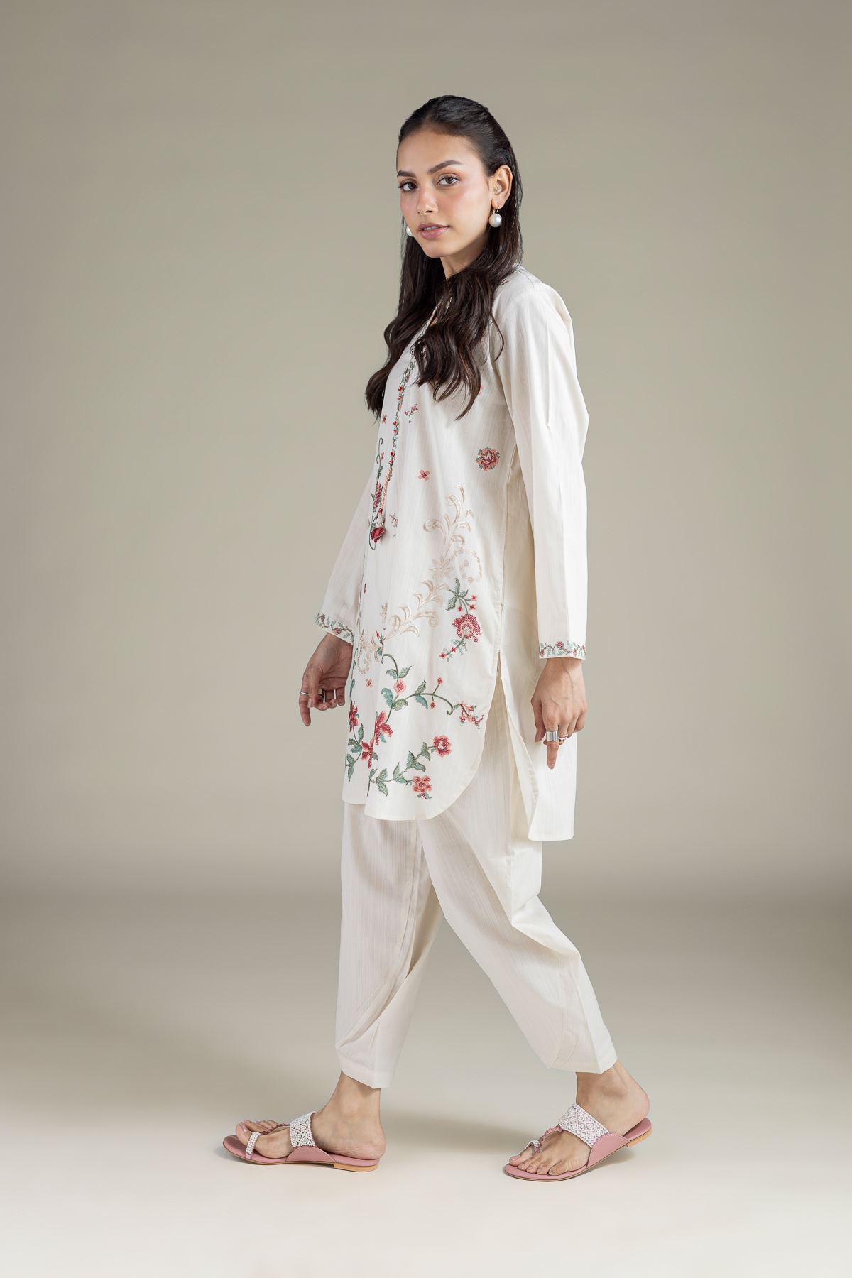 Embroidered Textured Cambric Solid Pants - 1-26-129-A-D-VG