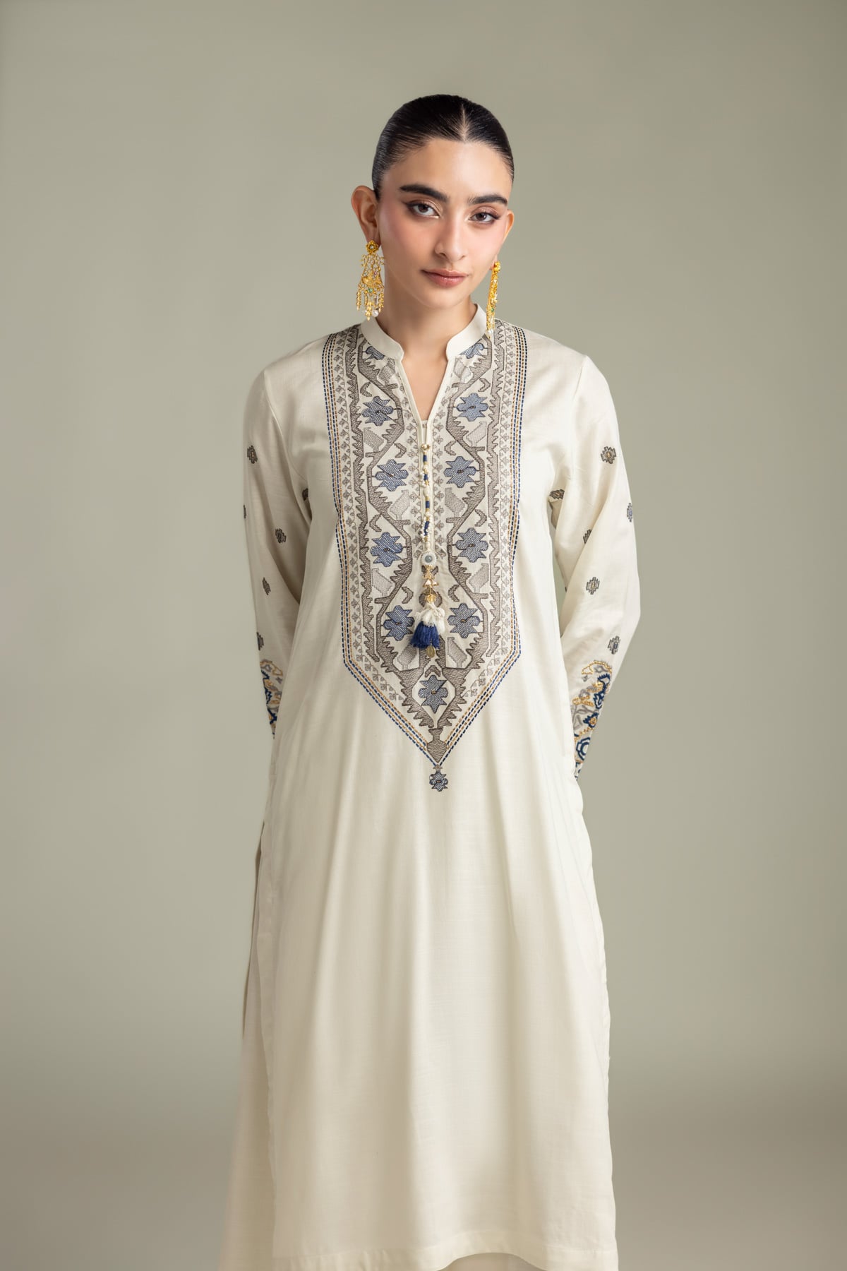 Embroidered Raw Silk Off-White Silk Kurta - 2-26-415-A-H1-VG