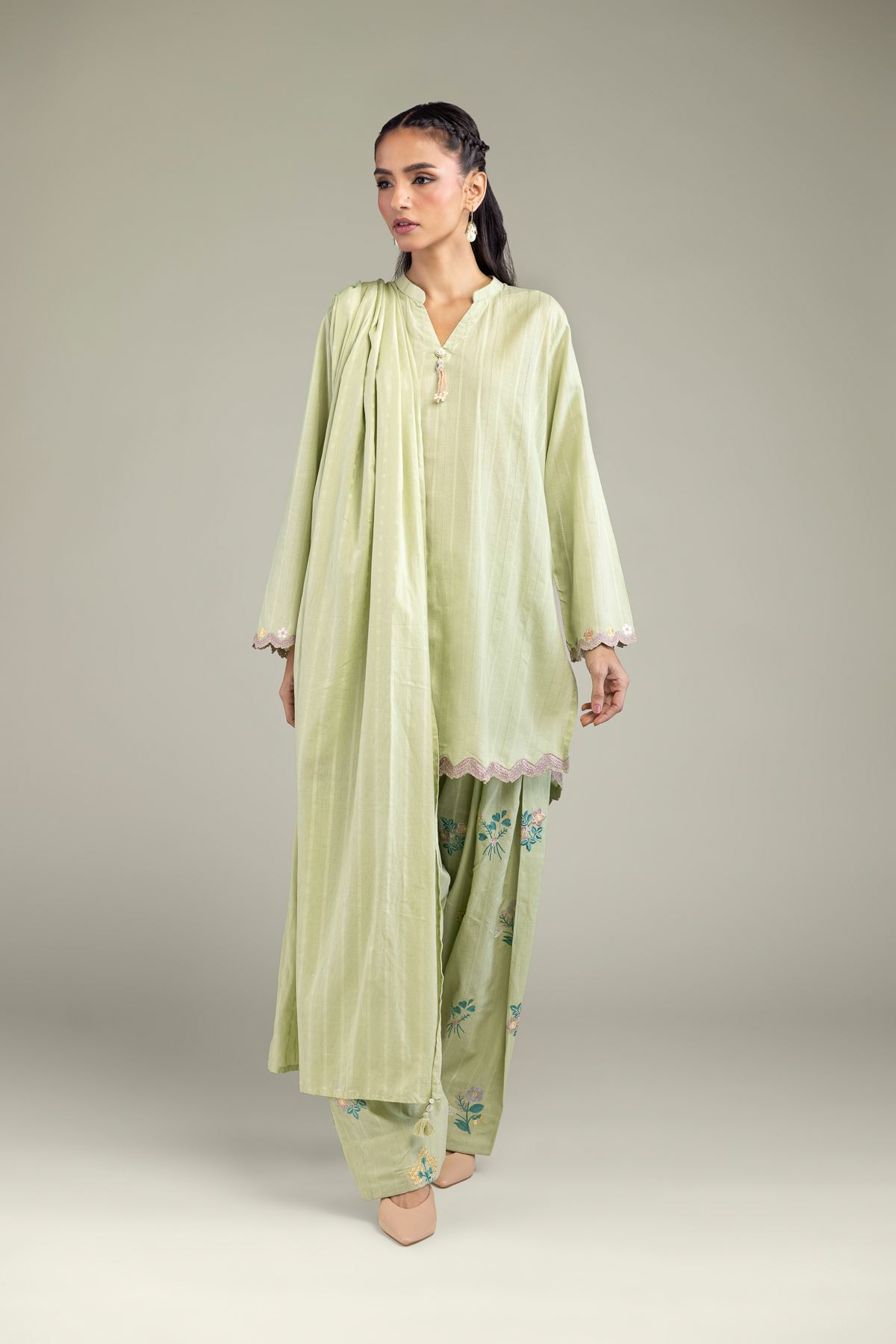 Embroidered Textured Cotton Solid Cotton Dupatta - 1-26-131-A-G-VG