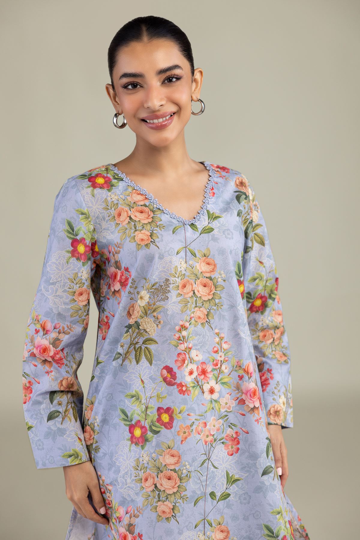 Printed Cotton Dobby Blue Floral Kurta - 1-26-229-B-F1-VG