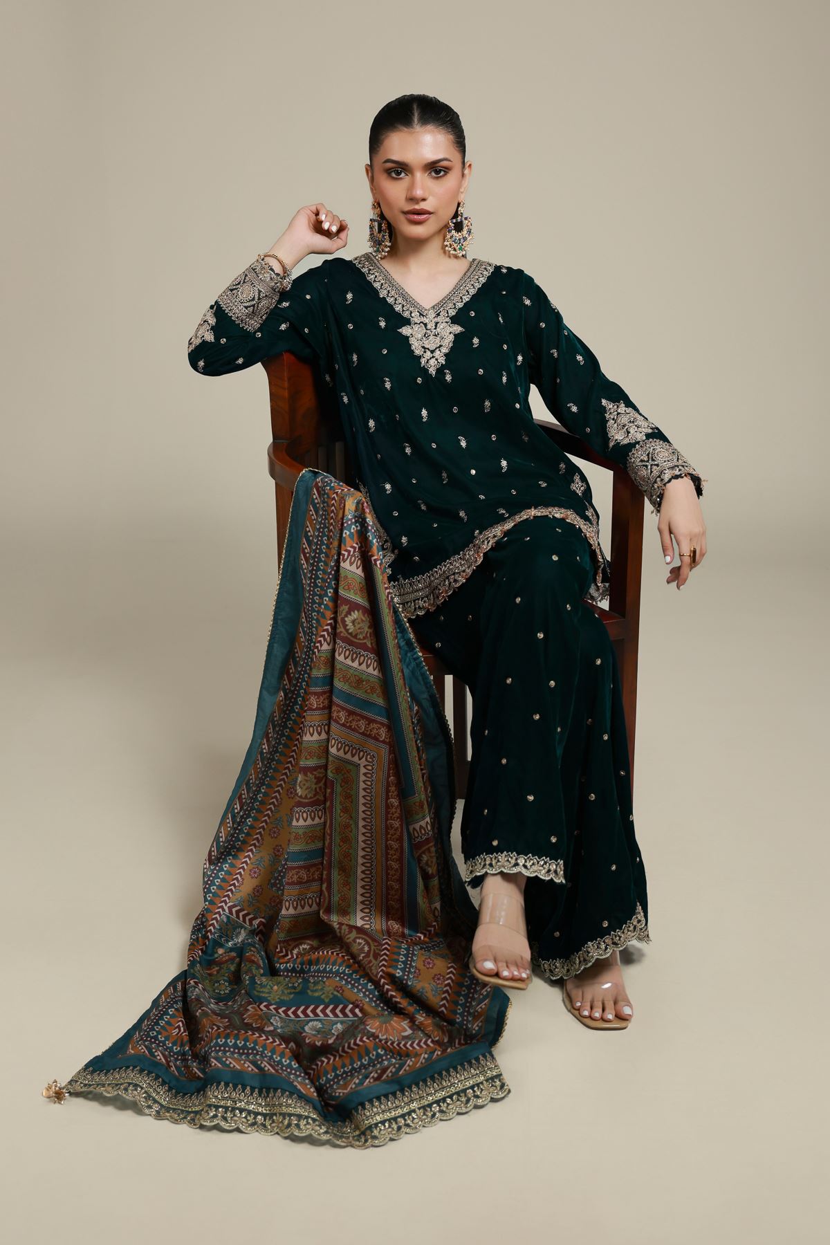 Embroidered Velvet 3 Piece Co-ord Set - 5-26-103-F-F-VG