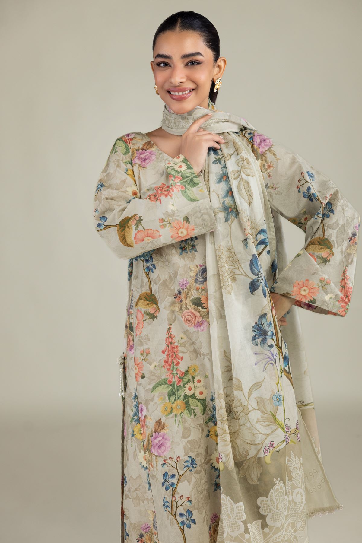 Printed Lawn Beige Lawn Dupatta - 1-26-102-A-F-VG