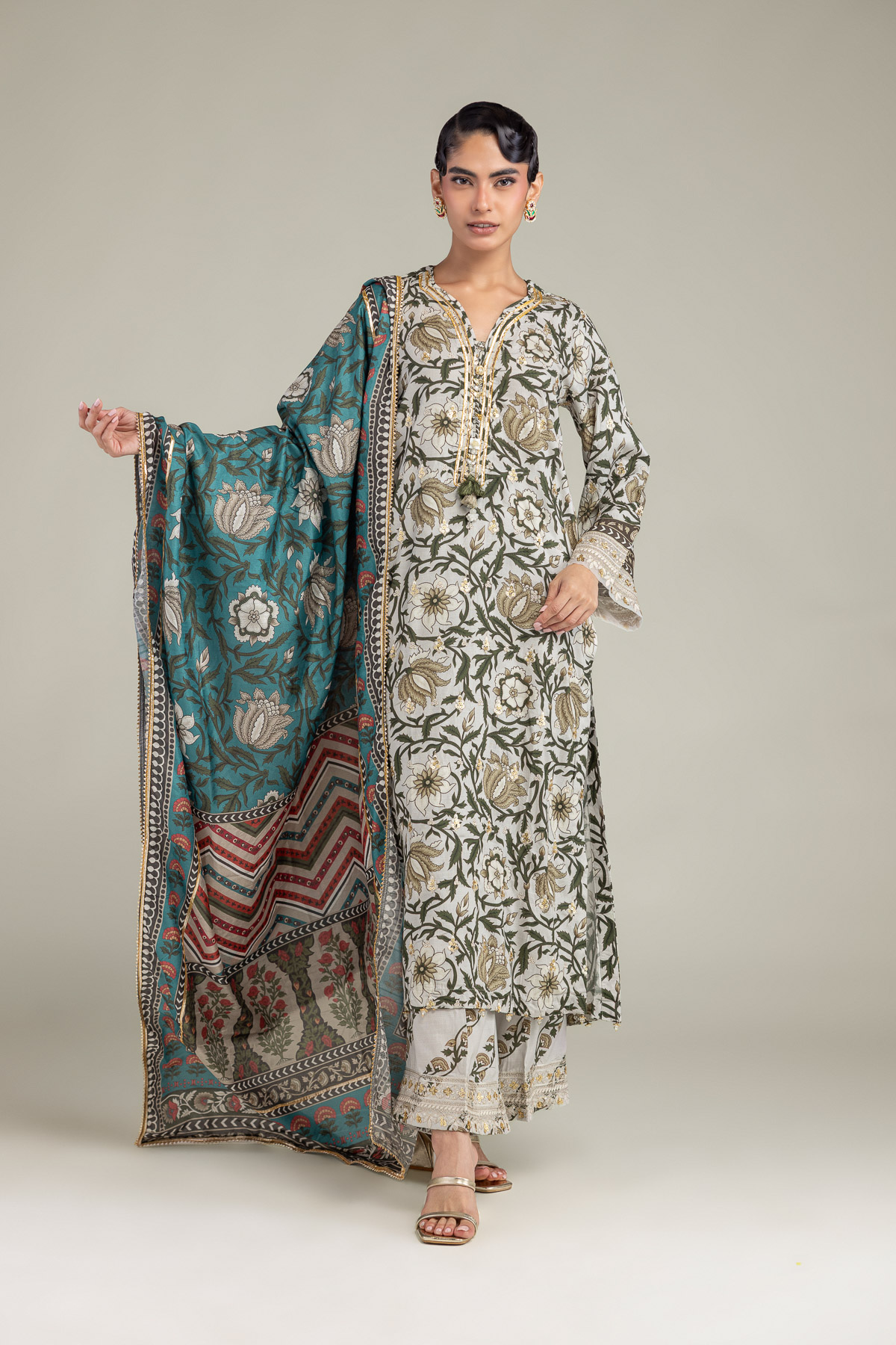 Embroidered Polyester Silk Floral Teal Dupatta - 2-26-308-A-G1-VG
