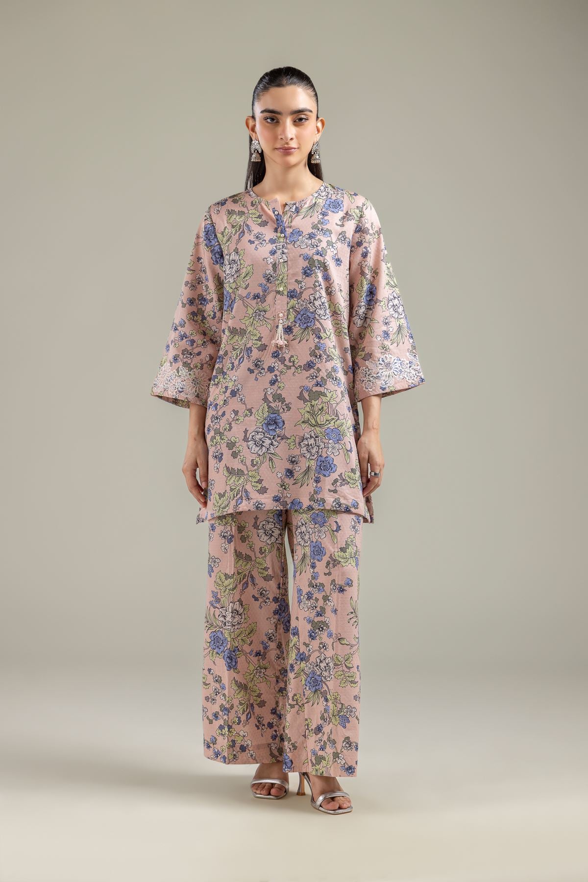 Embroidered Cotton Dobby Floral Peach Kurta - T-A22-26-120FG1-VG