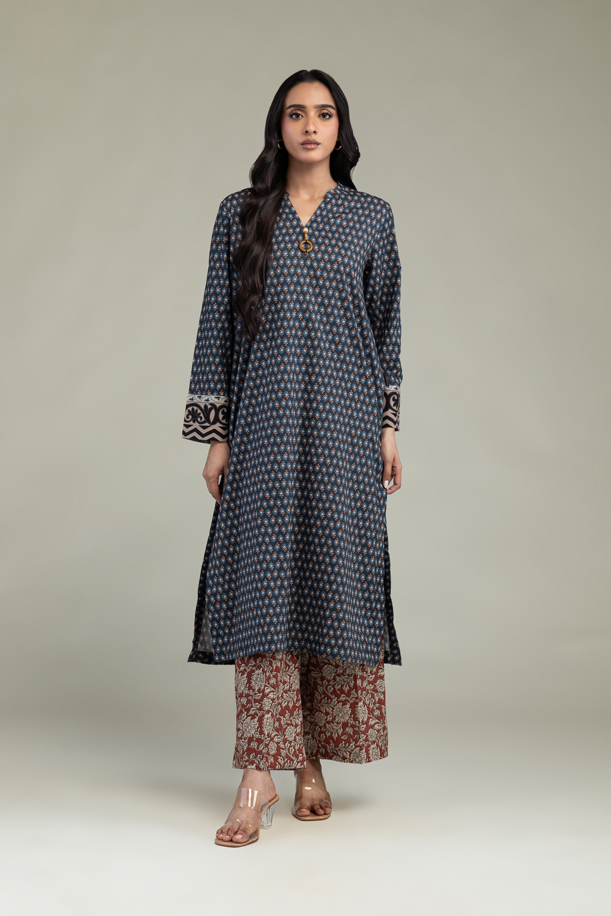 Printed Cambric V-Neck Cambric Kurta - 1-26-220-B-J3-VG