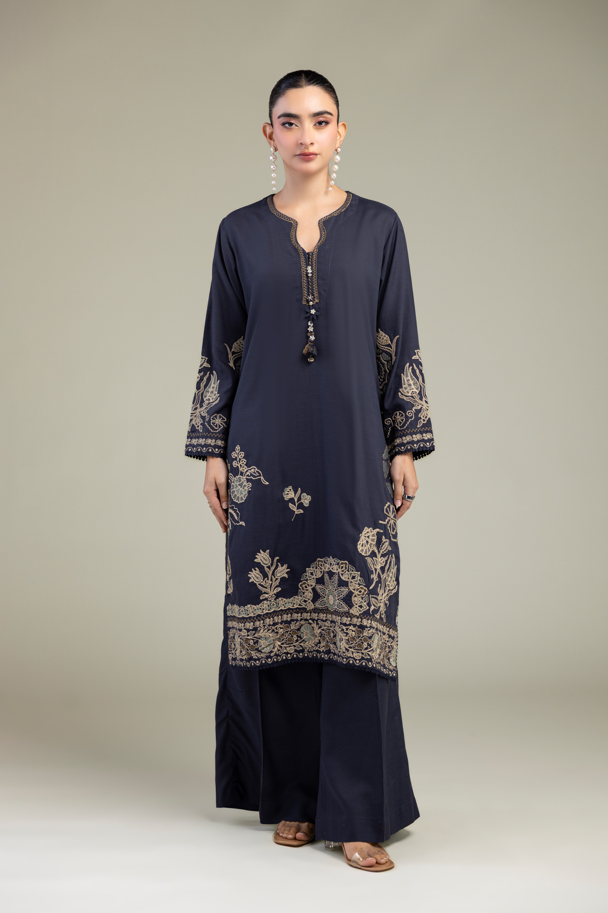 Embroidered Raw Silk Silk Solid Pants - 1-26-102-A-F-VG