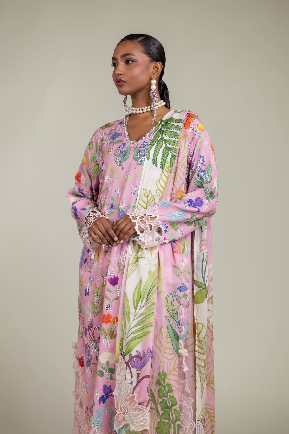 Raw Silk Floral Embroidered Suit - 2-26-105-A-D-VG